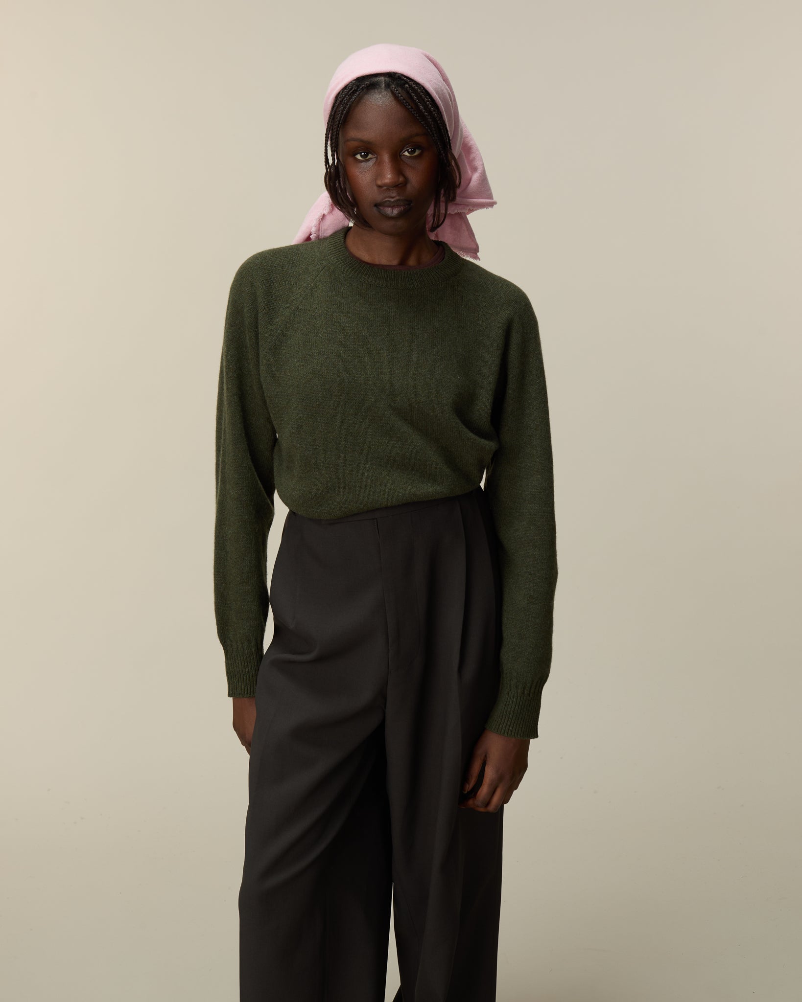 Pull col rond en cachemire Kaki Femme Tricot