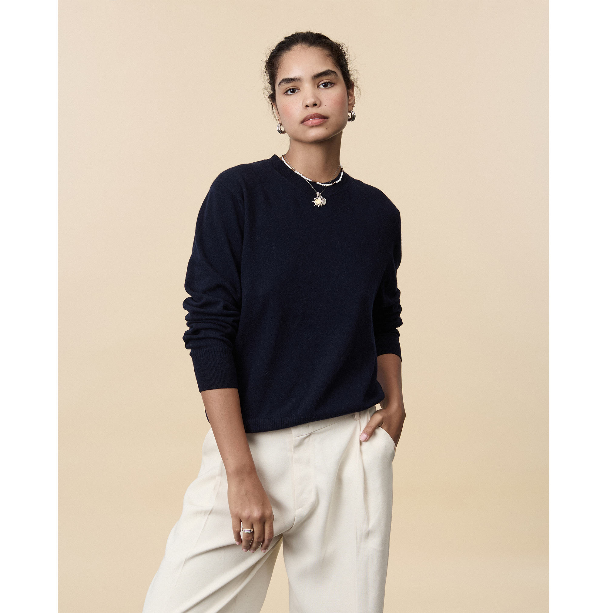 Pull col rond cachemire léger Marine foncé femme
