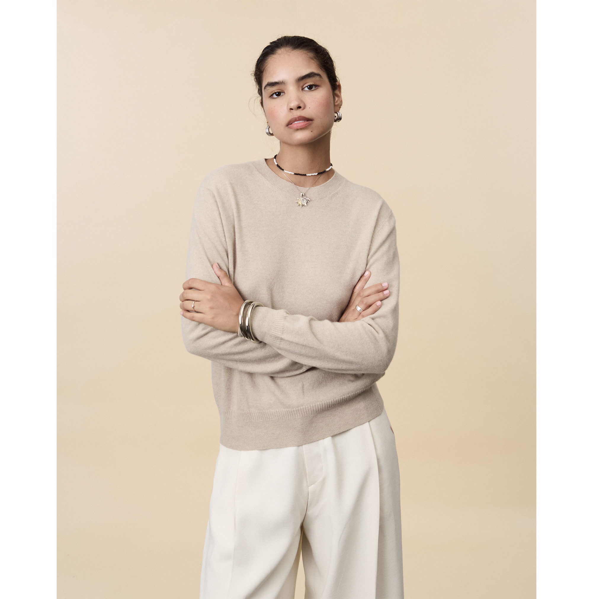 Pull col rond cachemire léger Sable femme