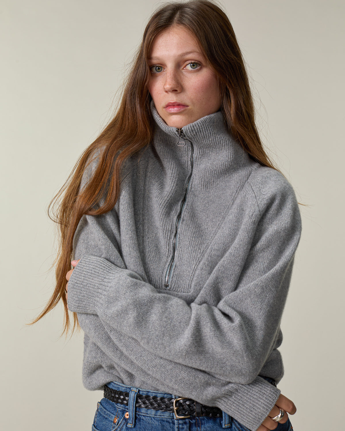 Pull col zippé en cachemire Gris Femme