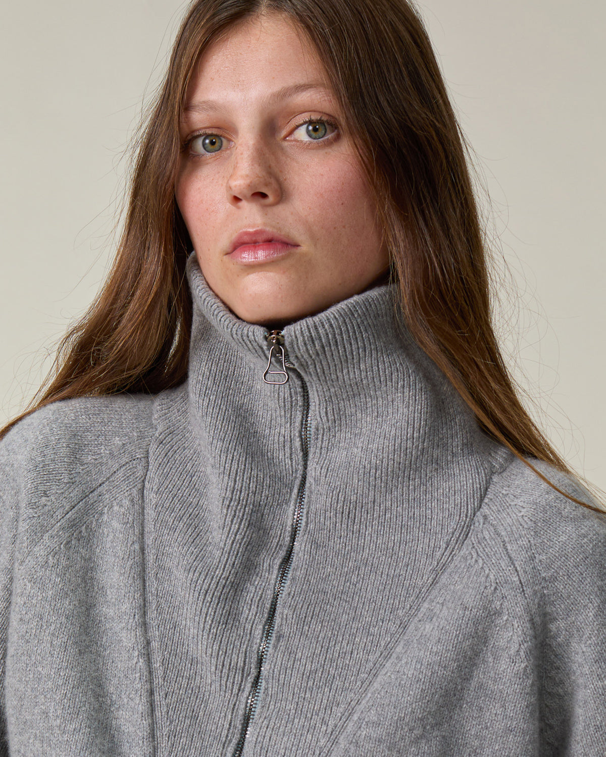 Pull col zippé en cachemire Gris Femme