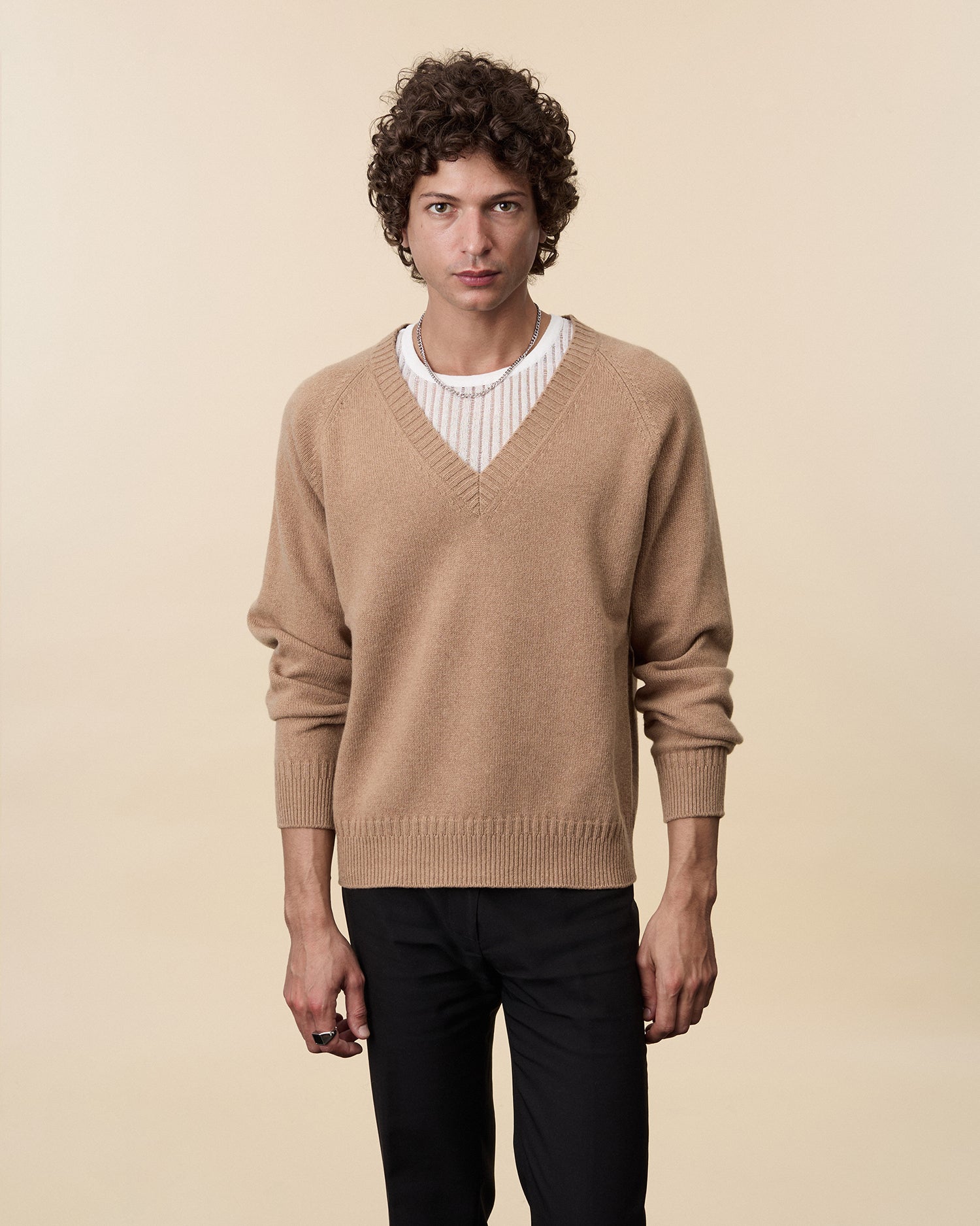 V Neck Sweater Pull Cachemire Col V Homme Men's Camel Cashmere V-neck