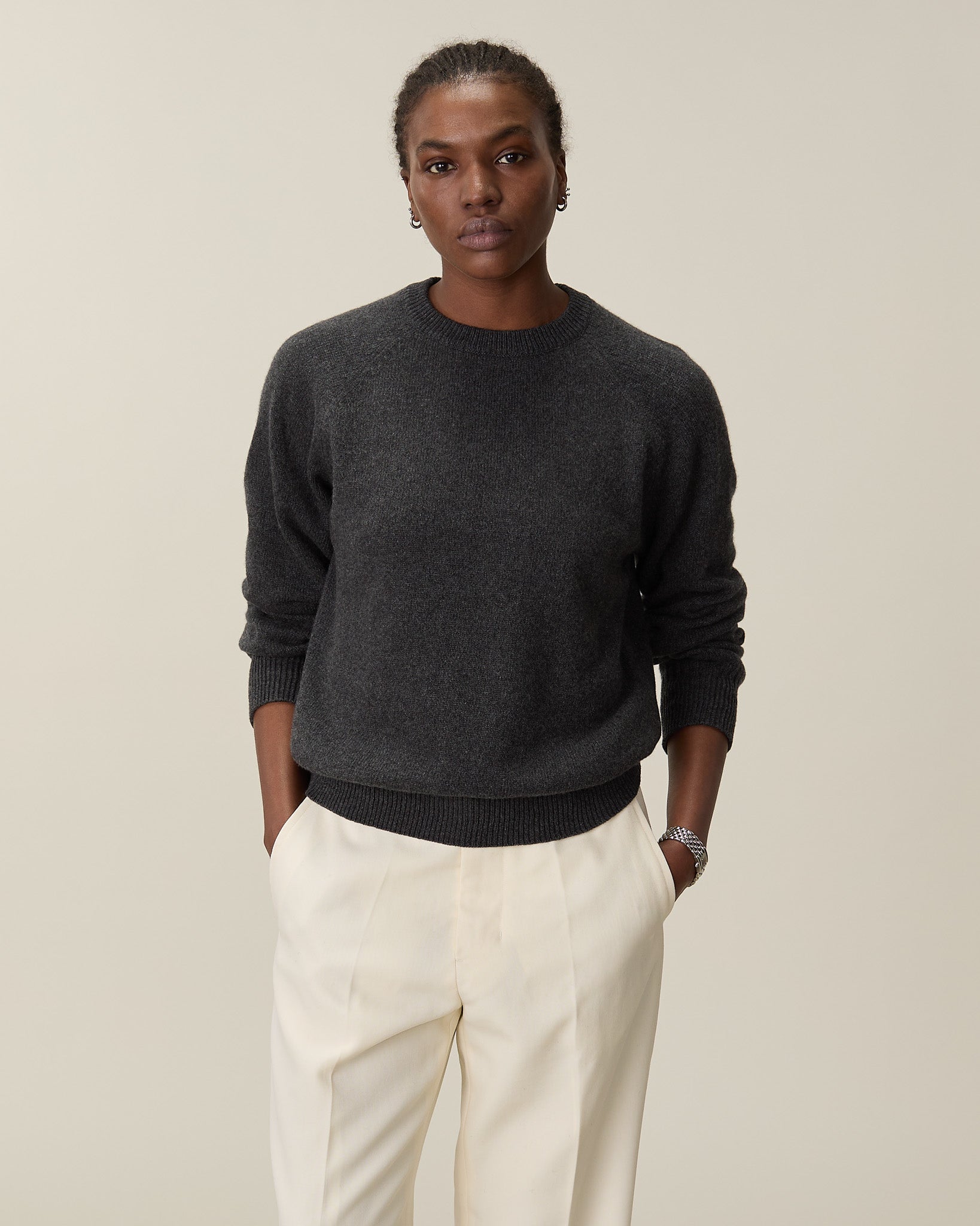 Pull col rond en cachemire Gris foncé Femme - Tricot