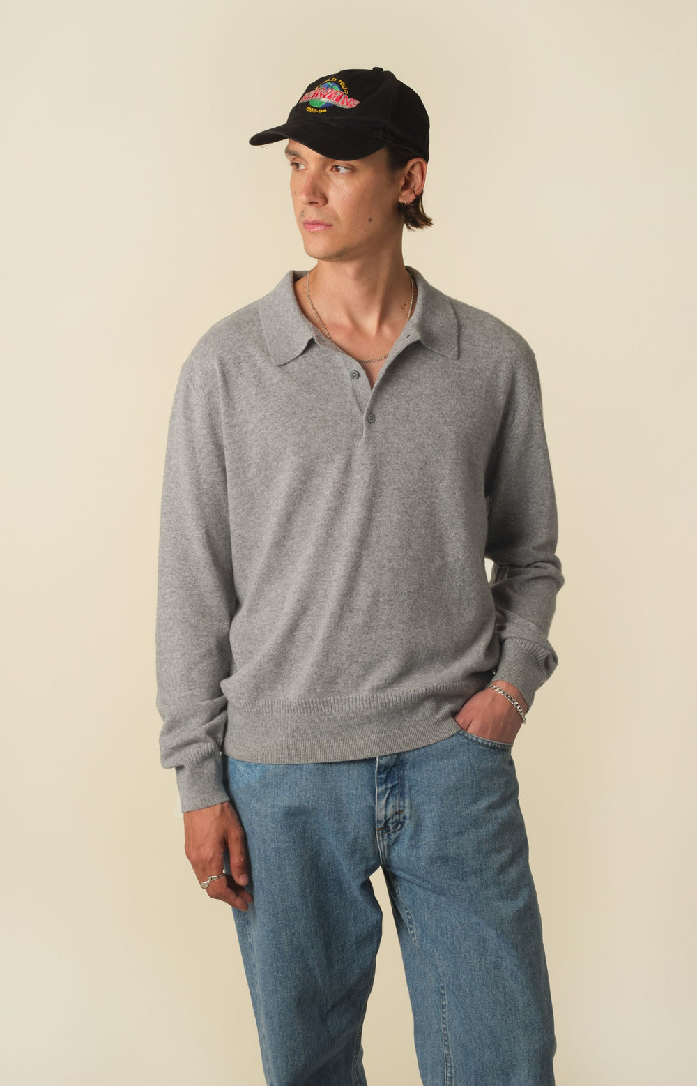 Light gray cashmere polo shirt for men