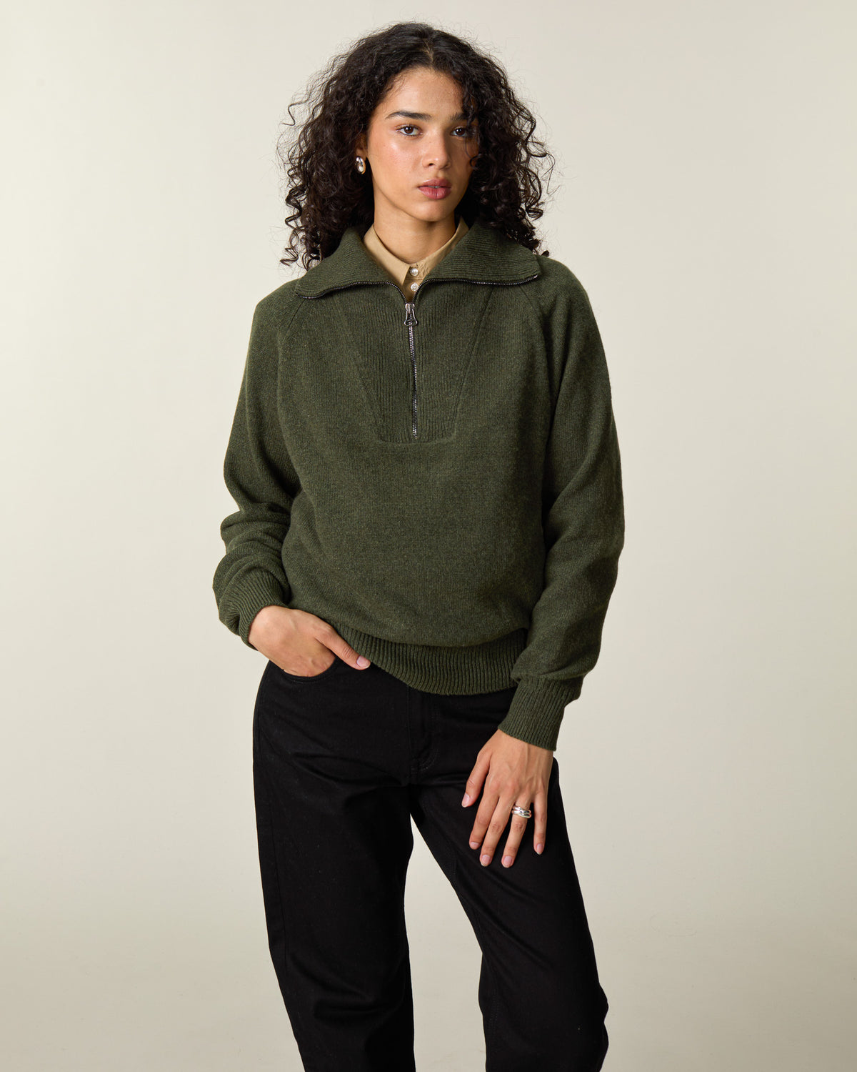 Women's Khaki Cashmere Zip-Neck Sweater