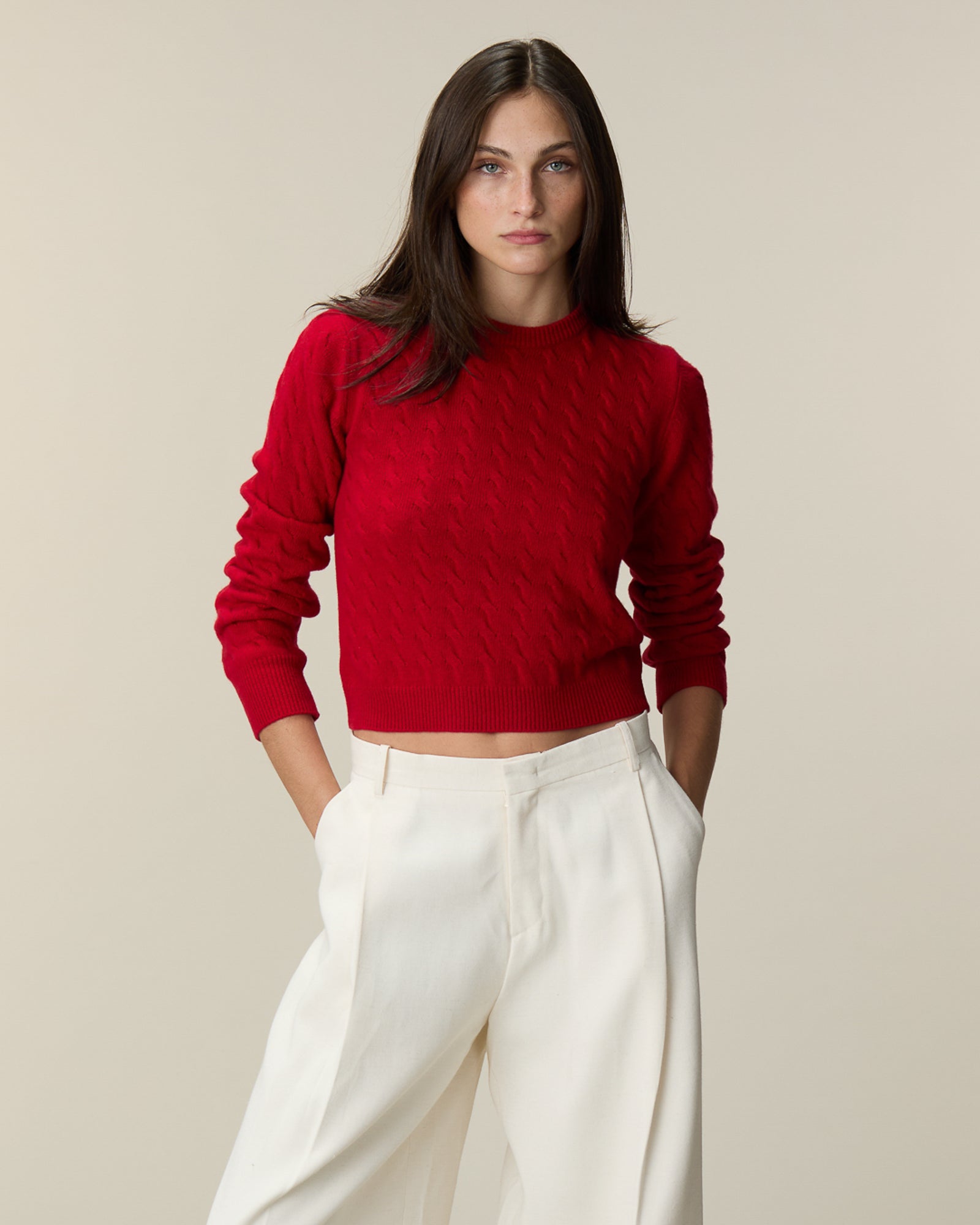 Women's Red Cable Knit Crew Neck Sweater