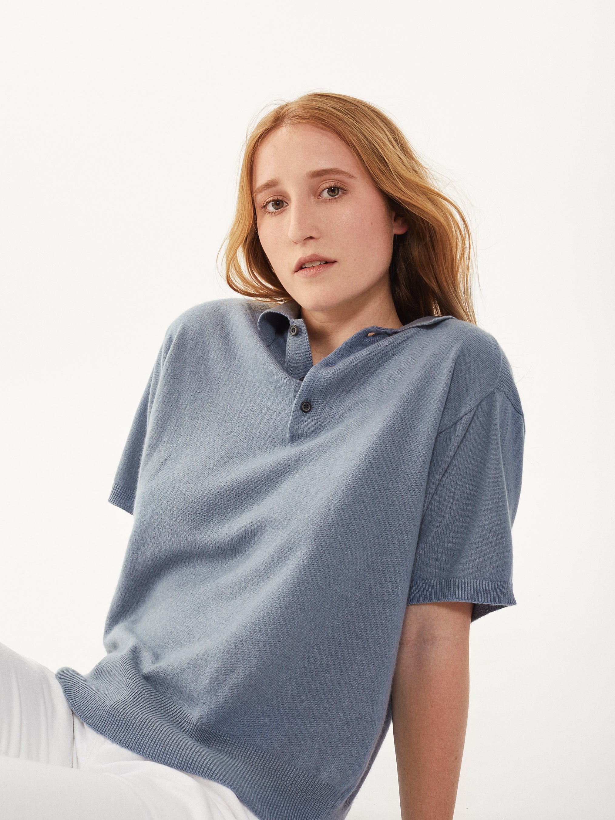 Polo cachemire et coton Bleu acier Femme - Tricot