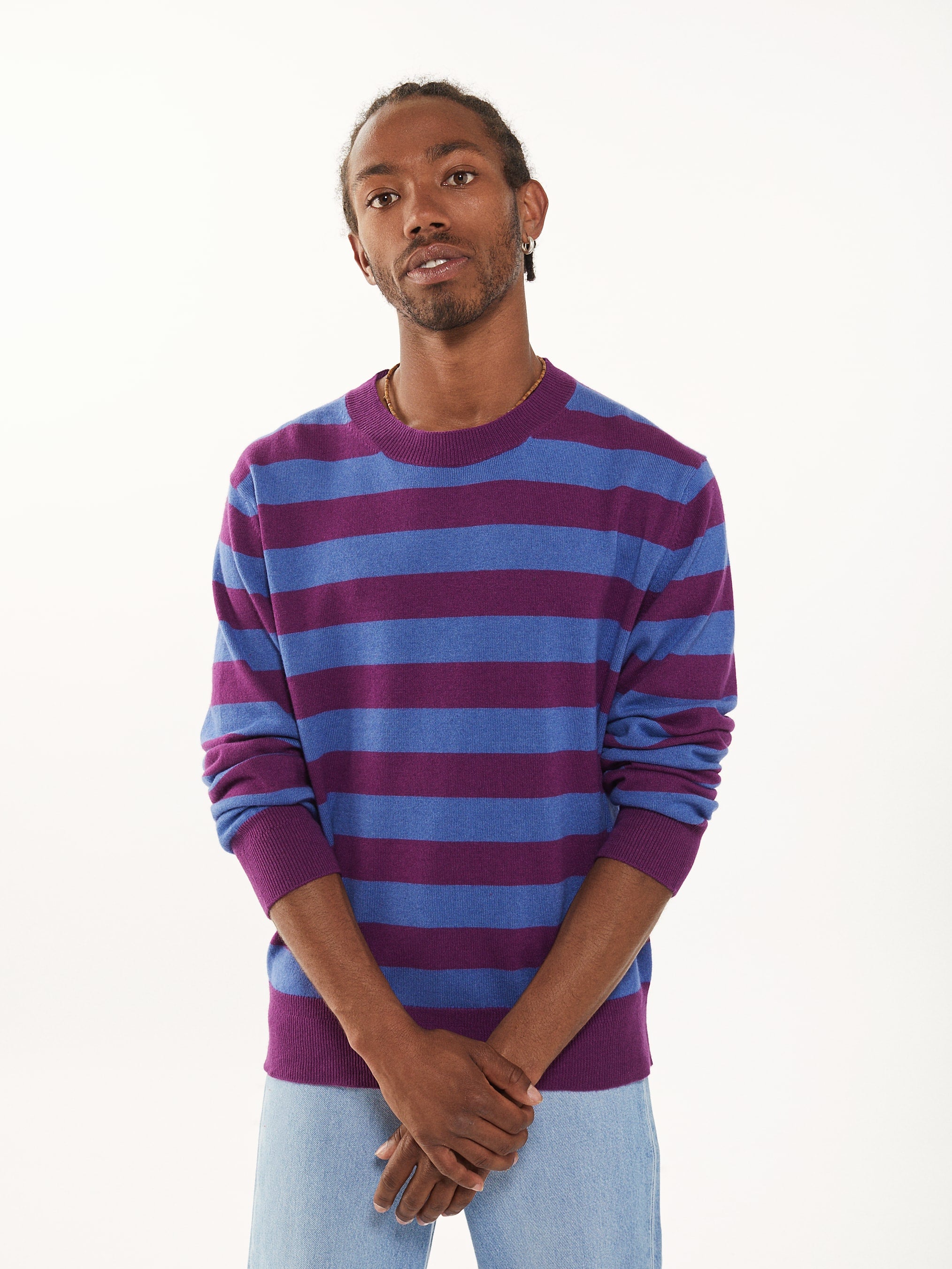 Men's magenta and indigo crewneck in cashmere and cotton Tricot
