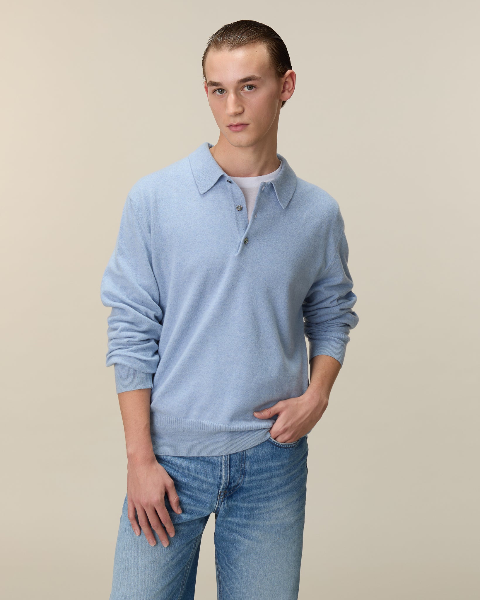 Polo cachemire léger Bleu ciel homme