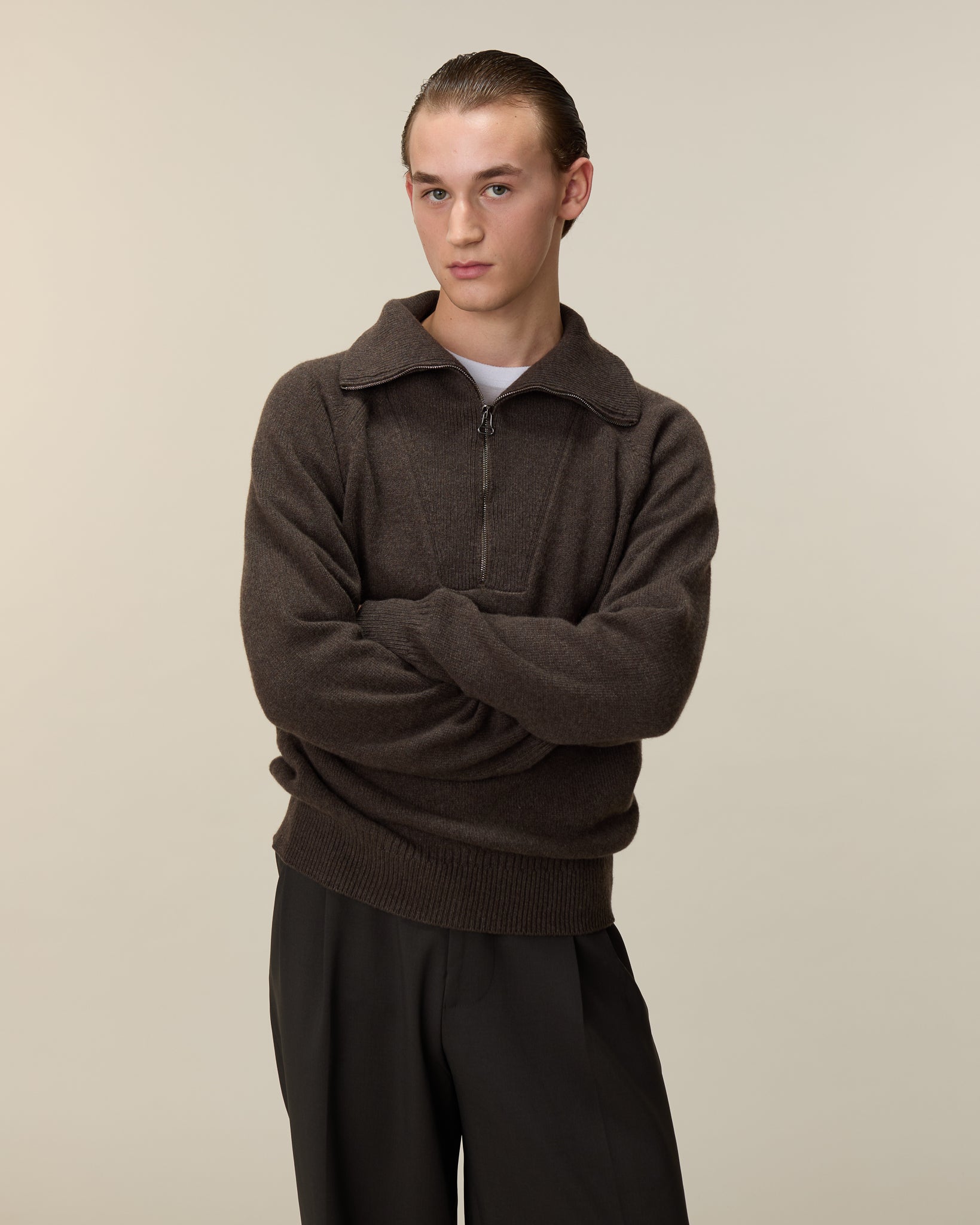 Men's dark navy cashmere zip collar