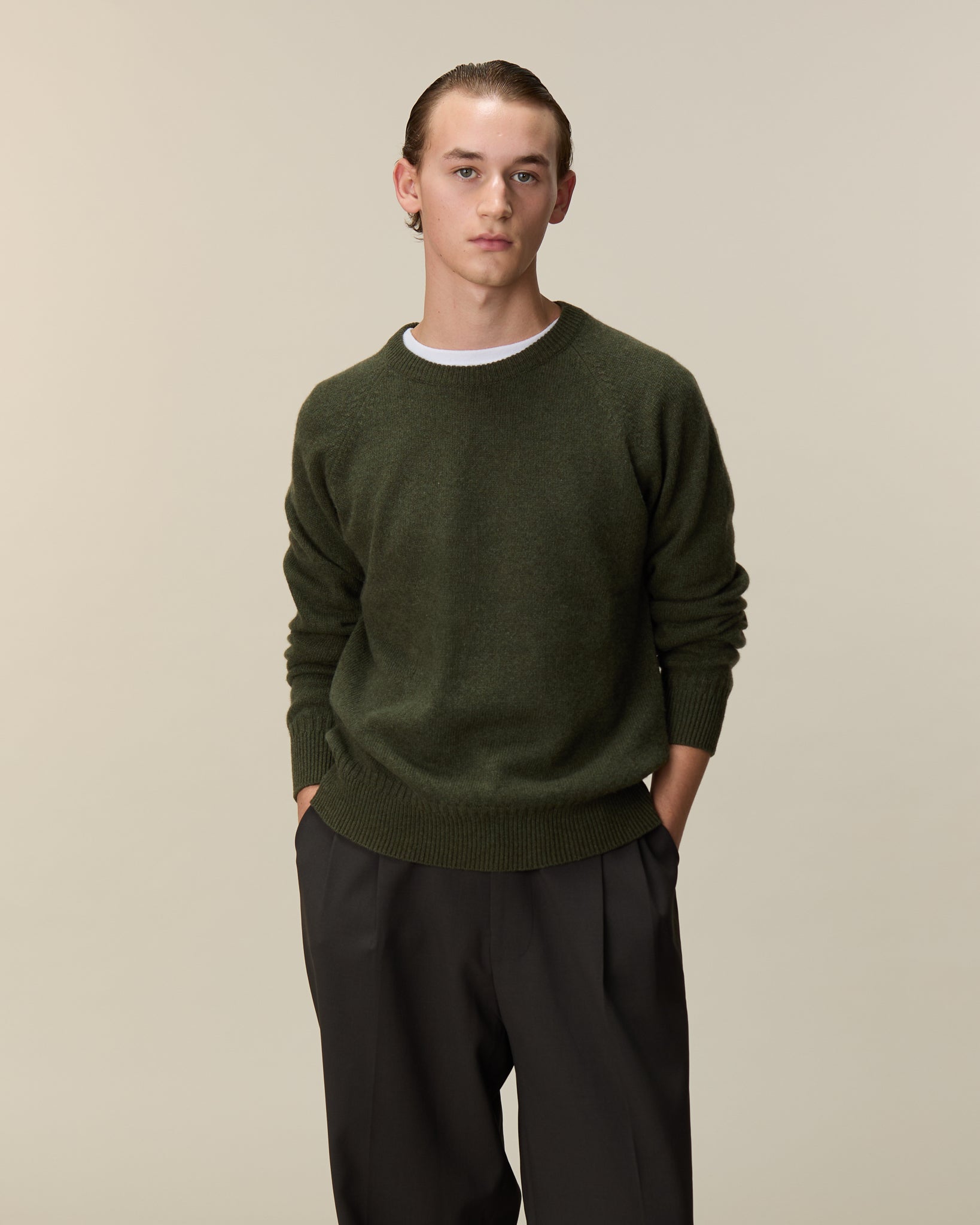 Pull col rond en cachemire Kaki Homme