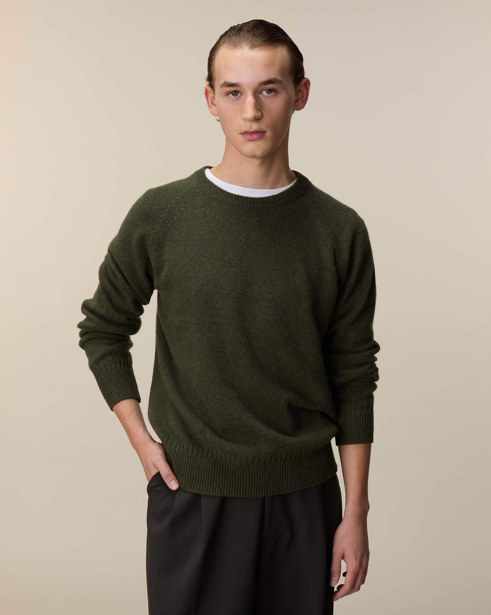 Pull col rond en cachemire Kaki Homme