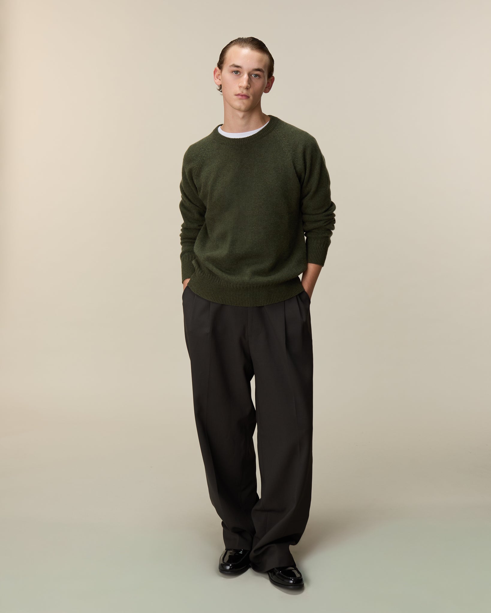Pull col rond en cachemire Kaki Homme