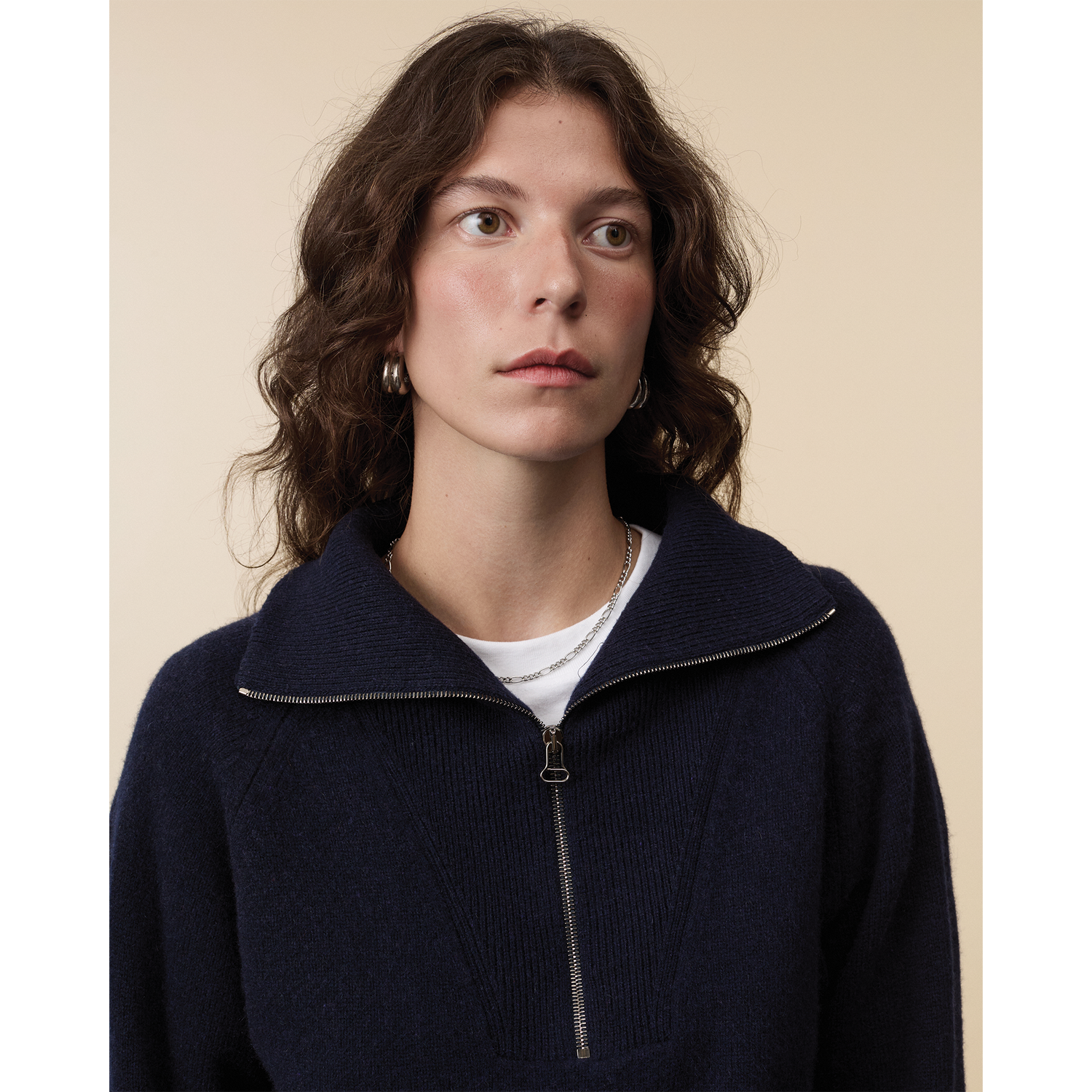 Women's dark navy cashmere zip collar