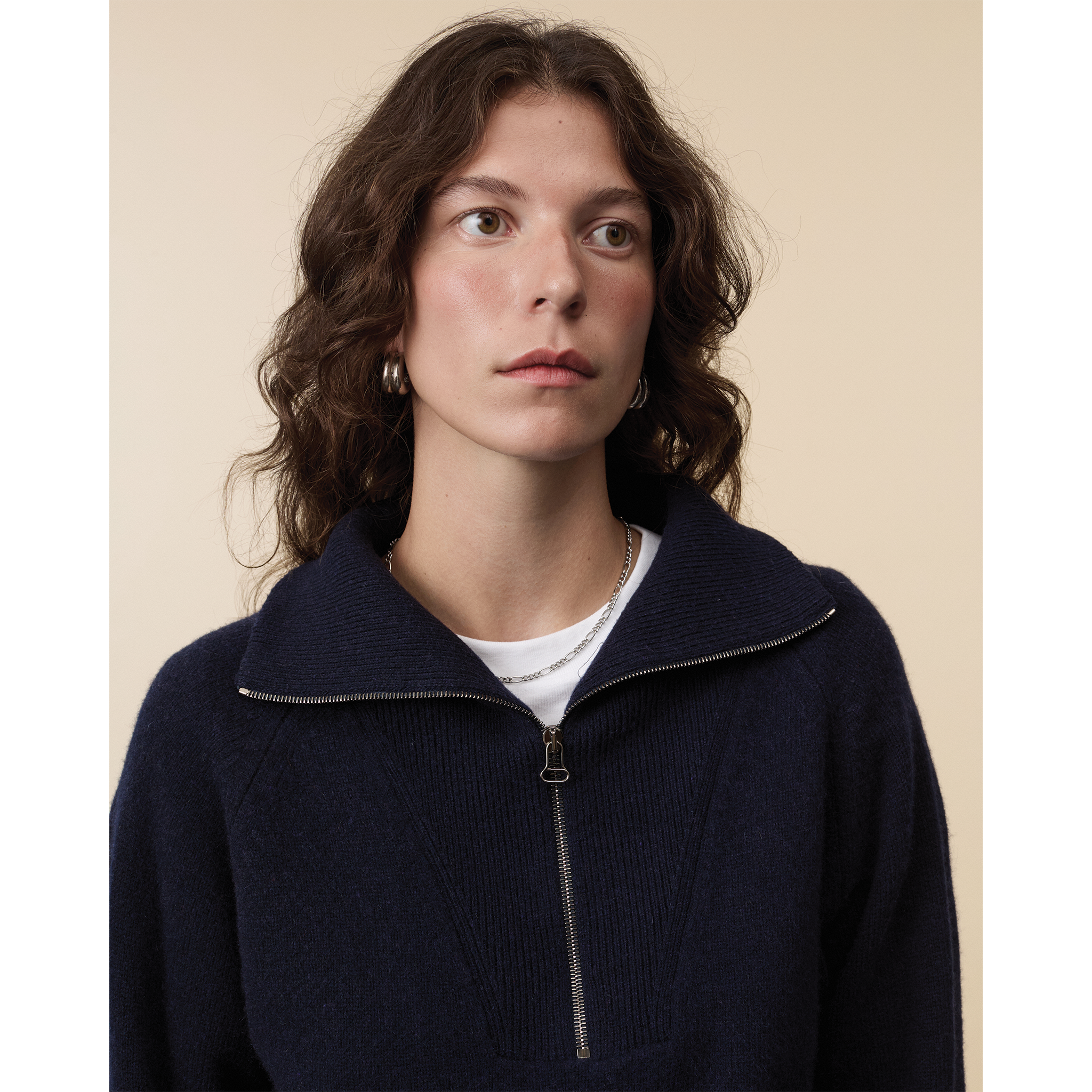 Pull col zippé en cachemire Marine foncé Femme