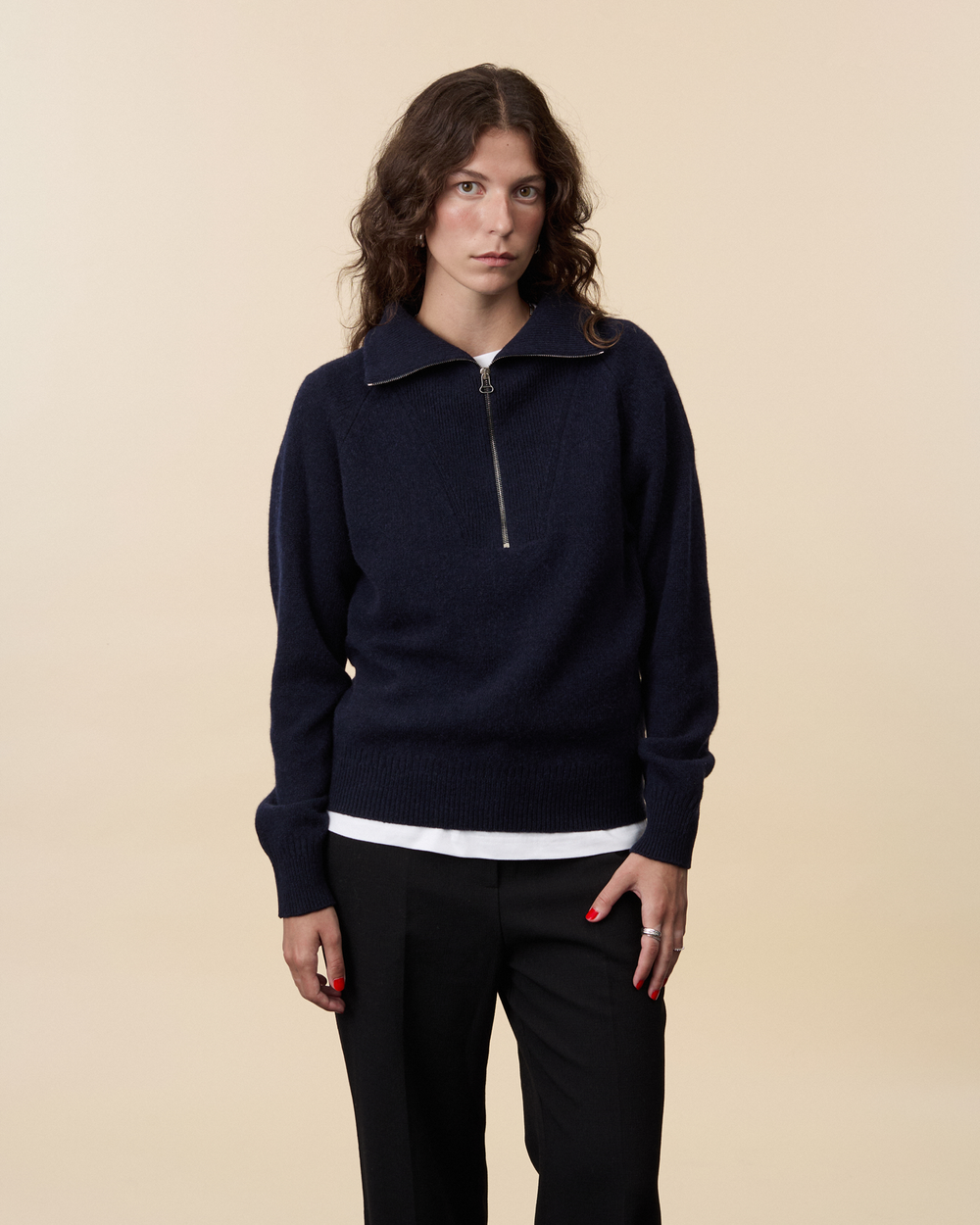 Women's dark navy cashmere zip collar