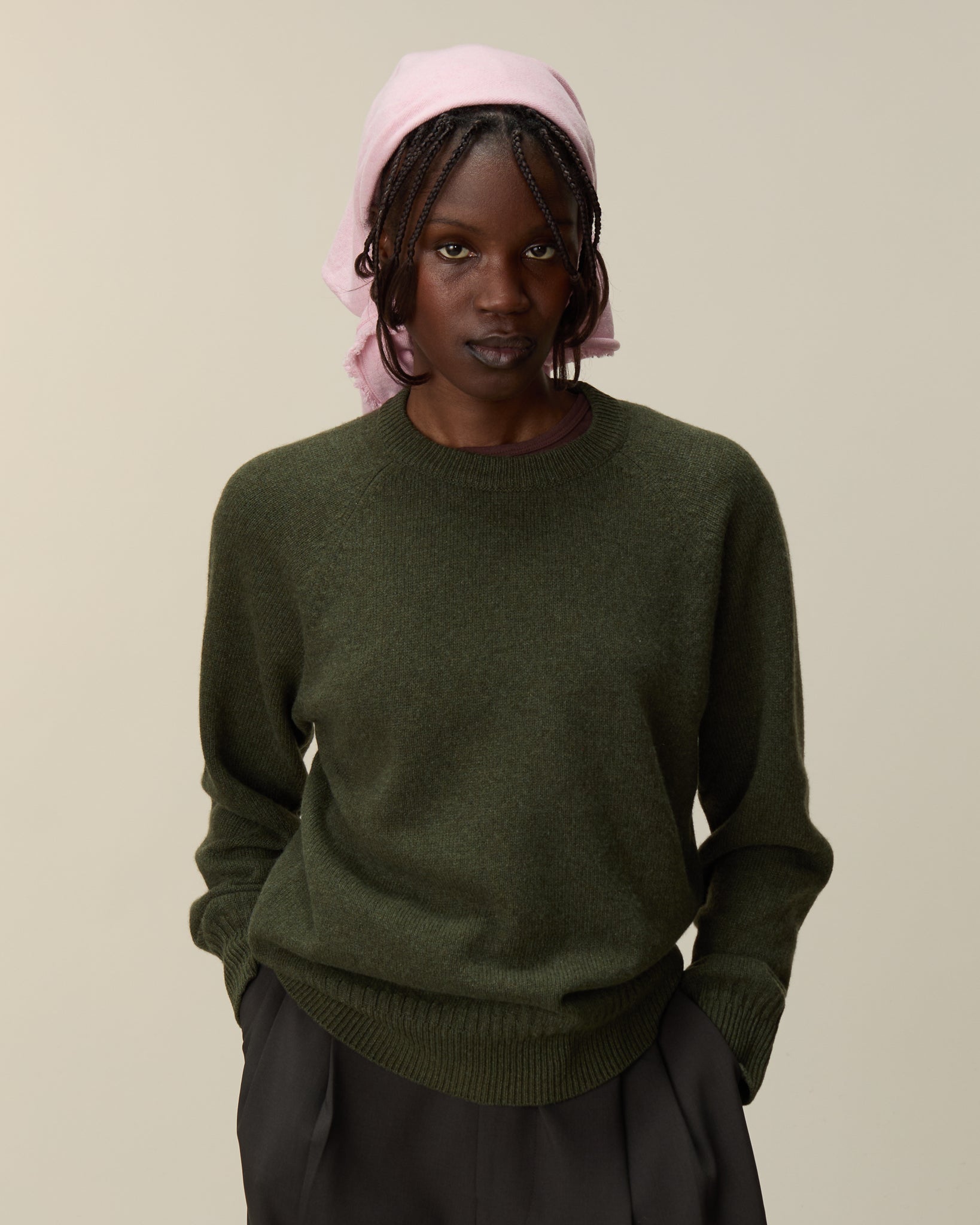 Pull col rond en cachemire Kaki Femme