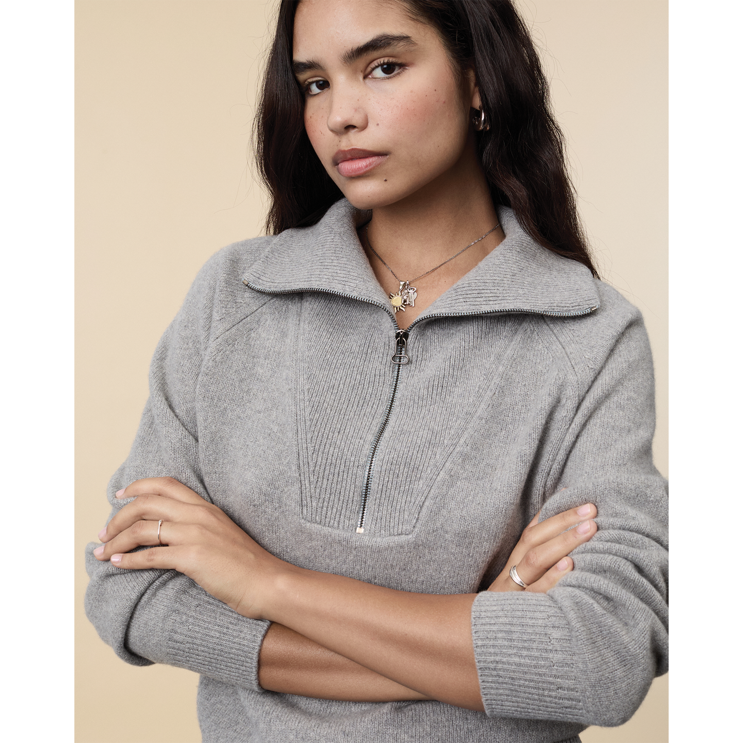 Pull col zippé en cachemire Gris Femme