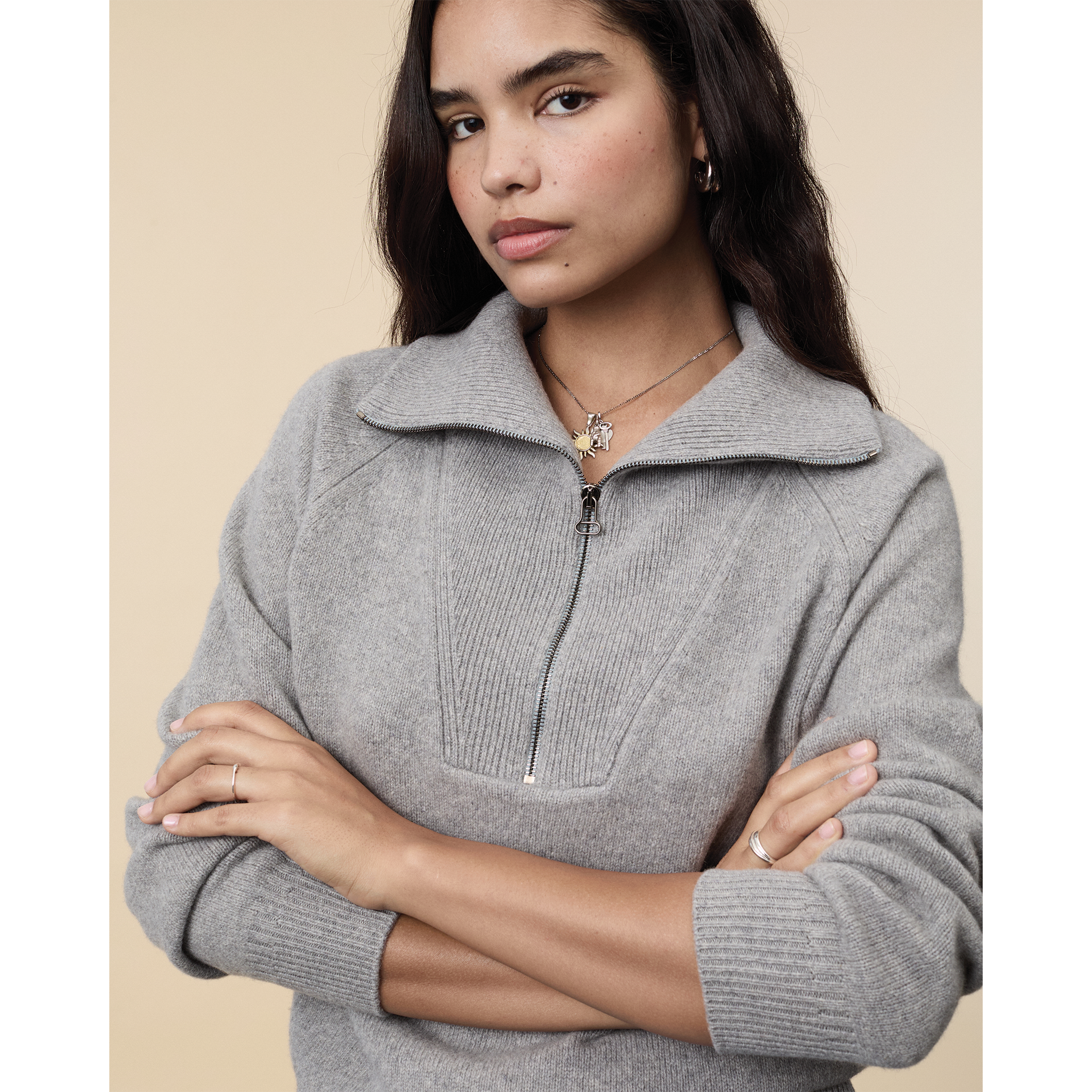 Pull col zippé en cachemire Gris Femme