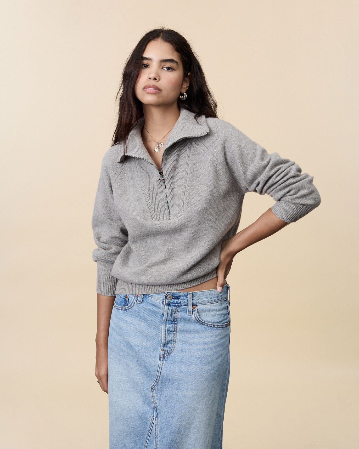 Pull col zippé en cachemire Gris Femme