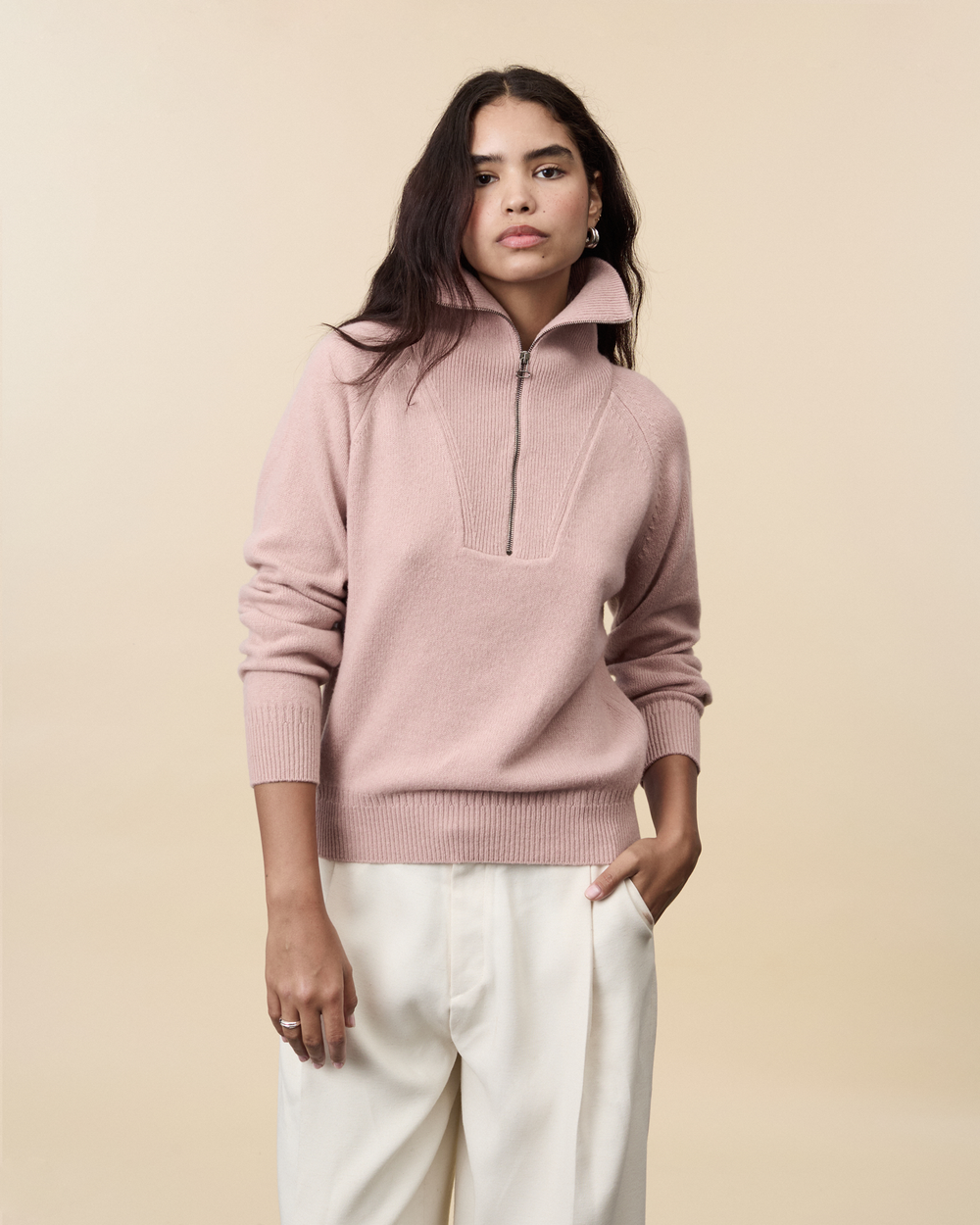 Women's light pink Cashmere Zip collar