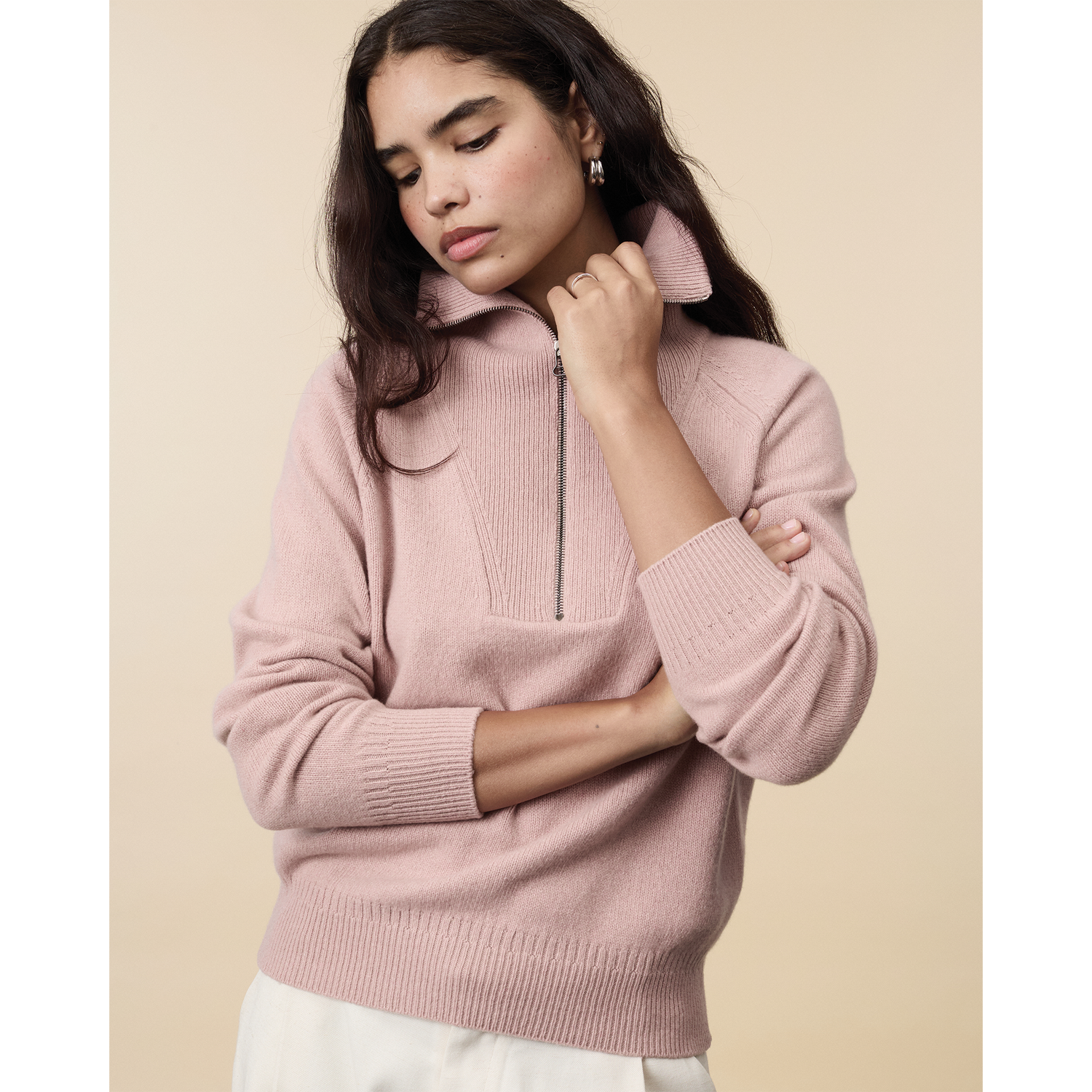 Women's light pink Cashmere Zip collar