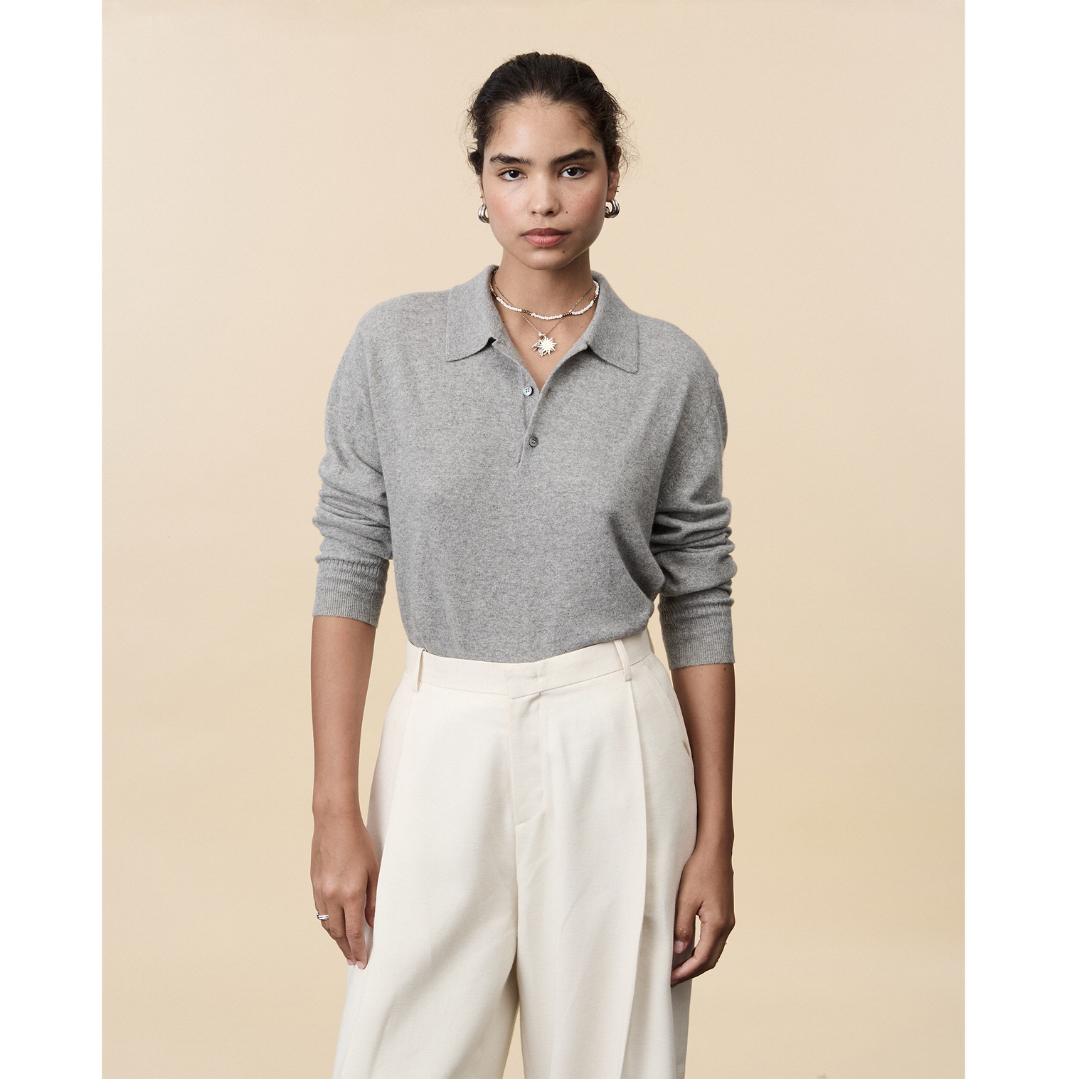 Light gray cashmere polo shirt for women