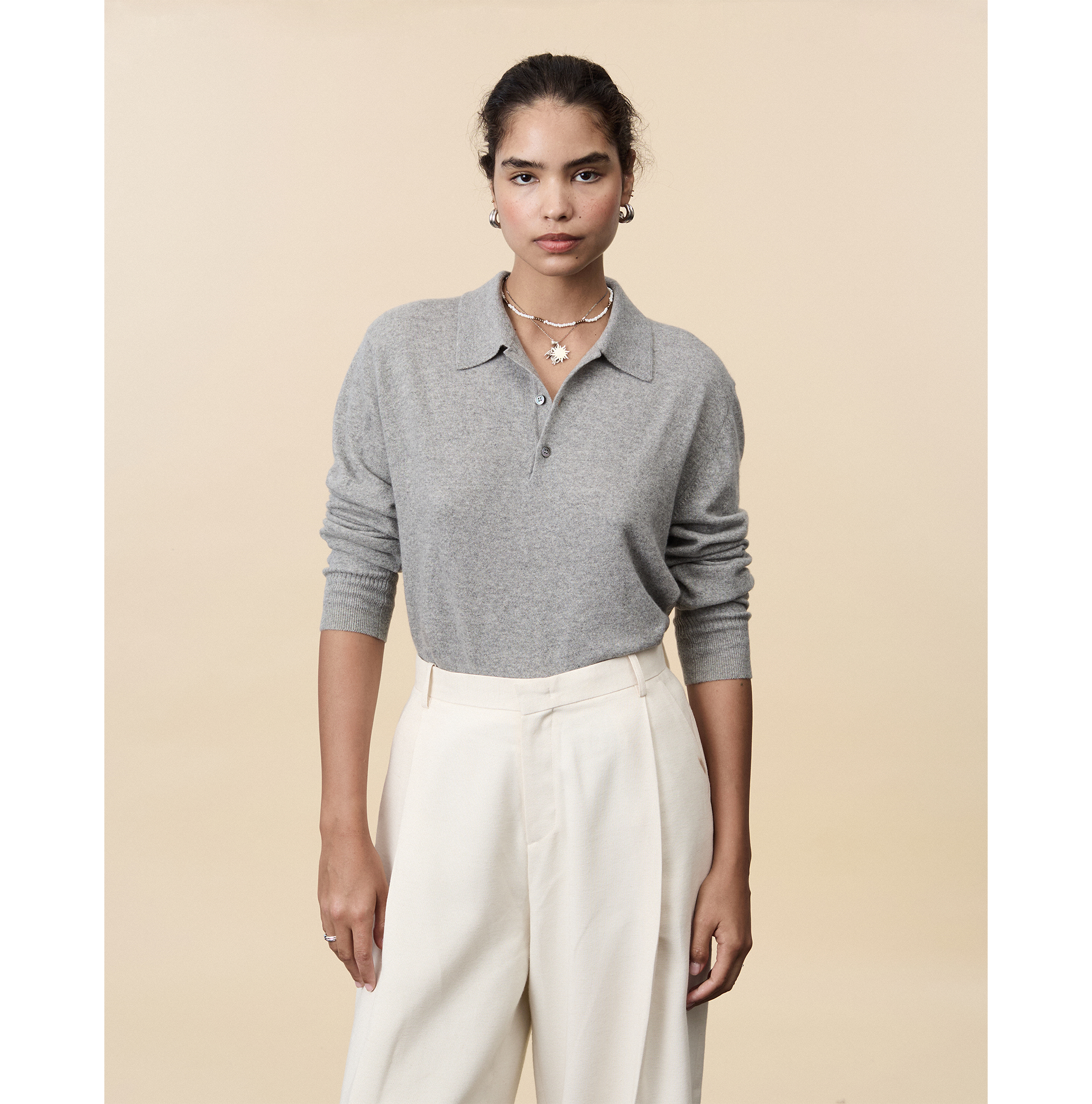 Polo cachemire léger Gris clair femme
