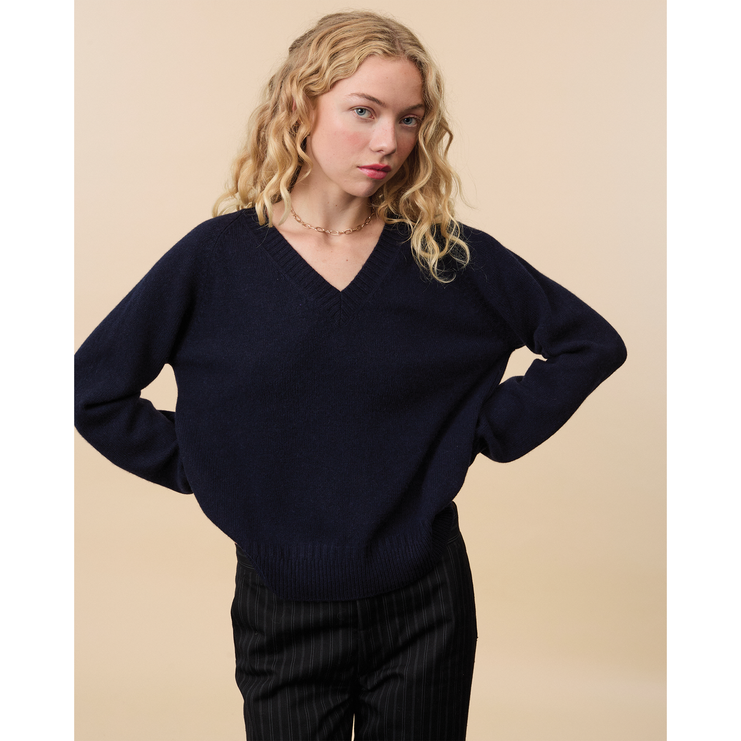 Women's navy cashmere V-neck