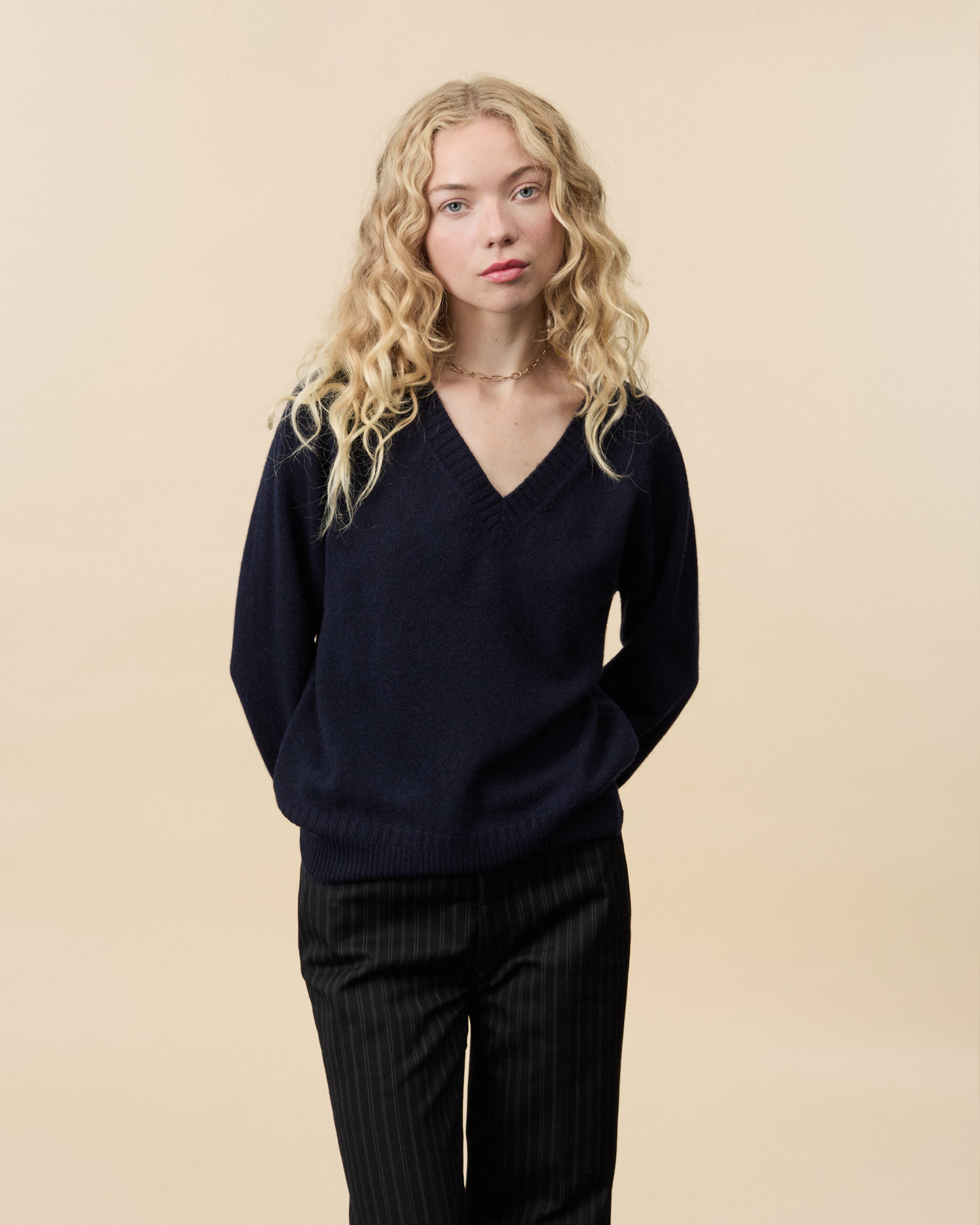 Women's navy cashmere V-neck