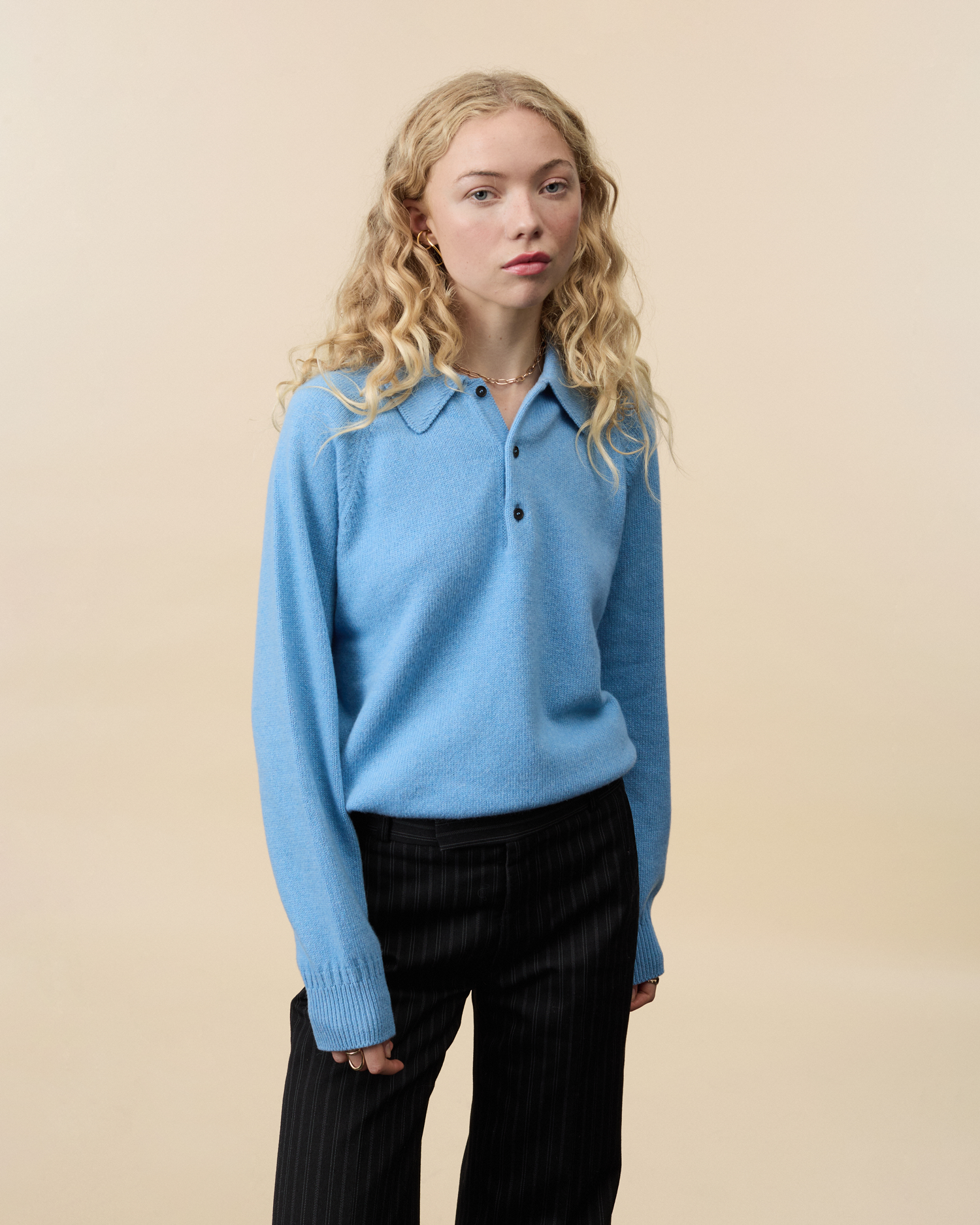 Women's cashmere polo in Nina's blue