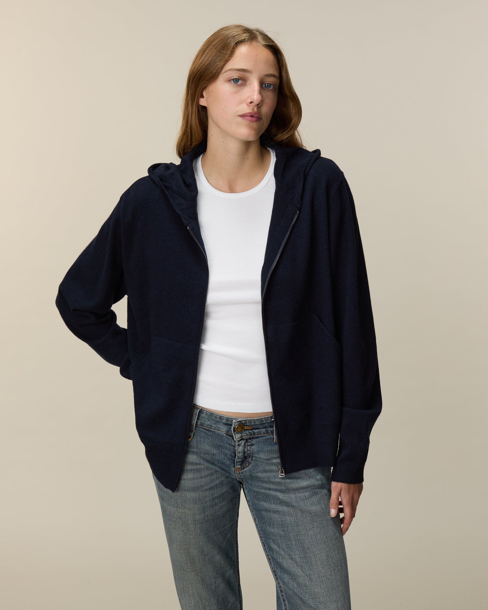 Hoodie cachemire léger Marine foncé femme