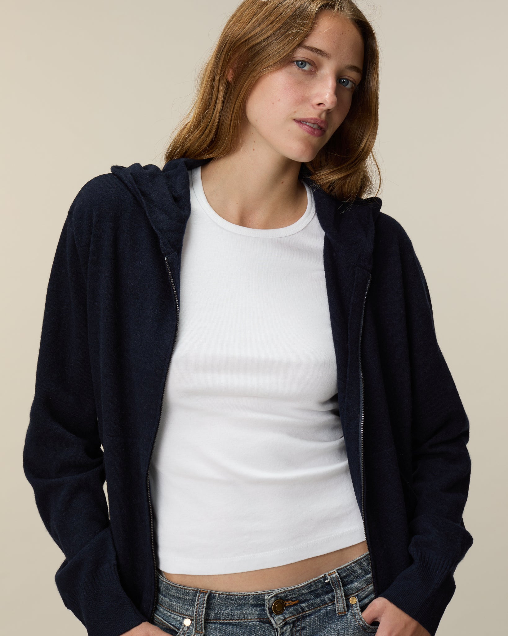 Hoodie cachemire léger Marine foncé femme
