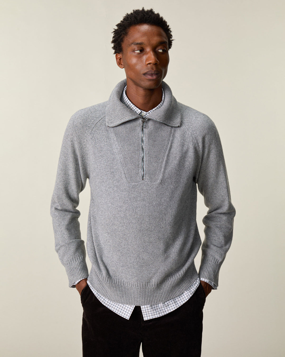 Pull col zippé en cachemire Gris Homme