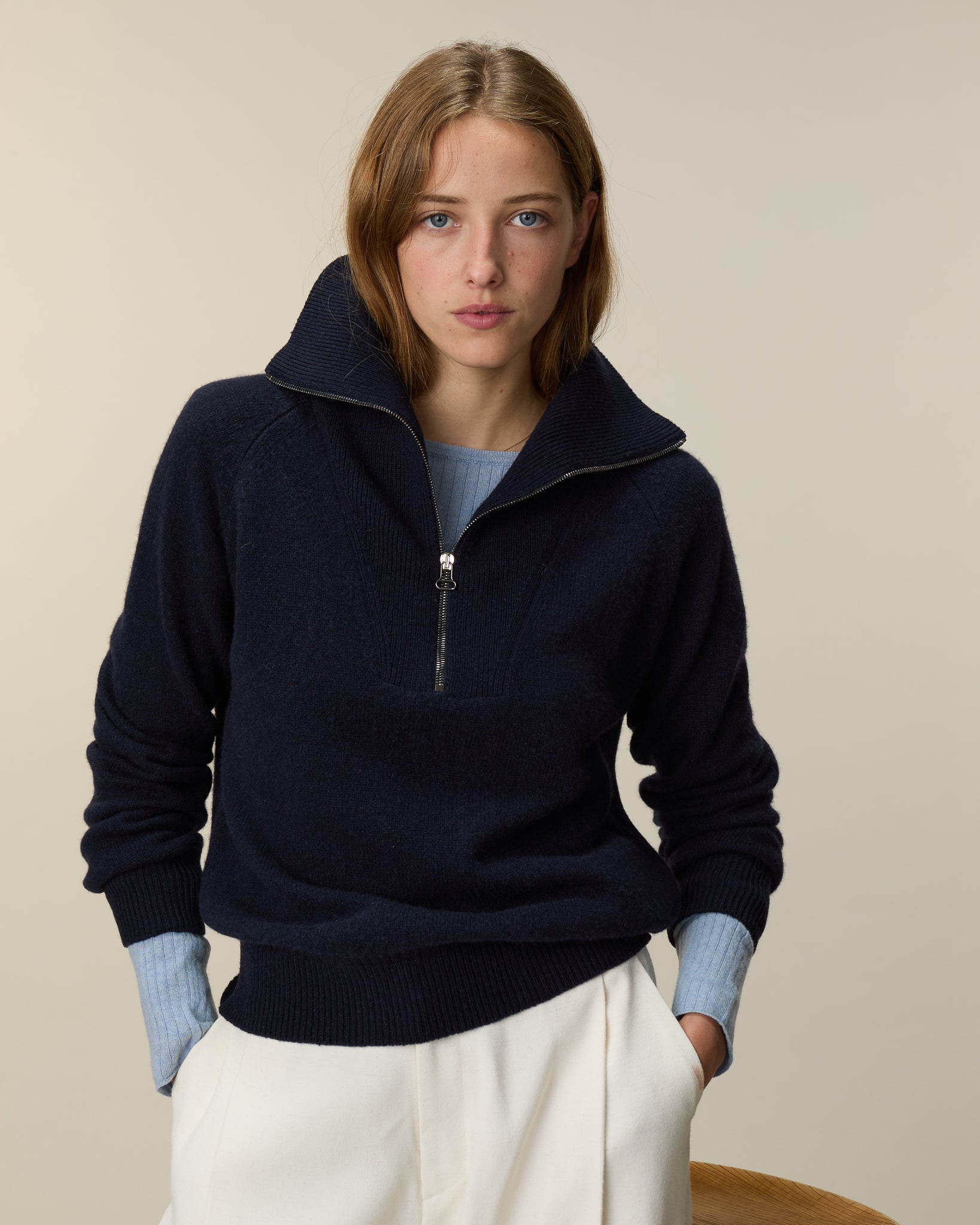 Pull col zippé en cachemire Marine foncé Femme