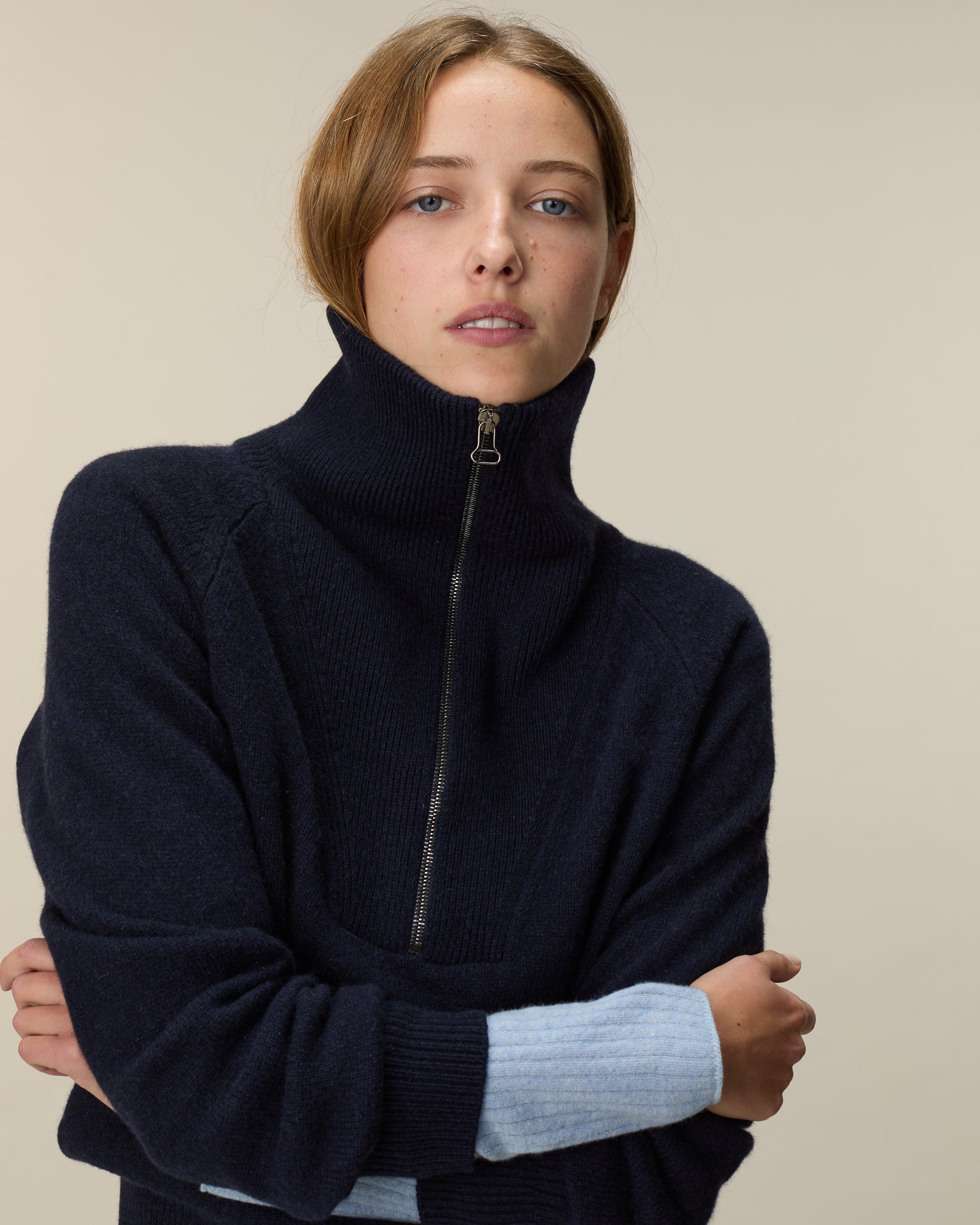 Pull col zippé en cachemire Marine foncé Femme