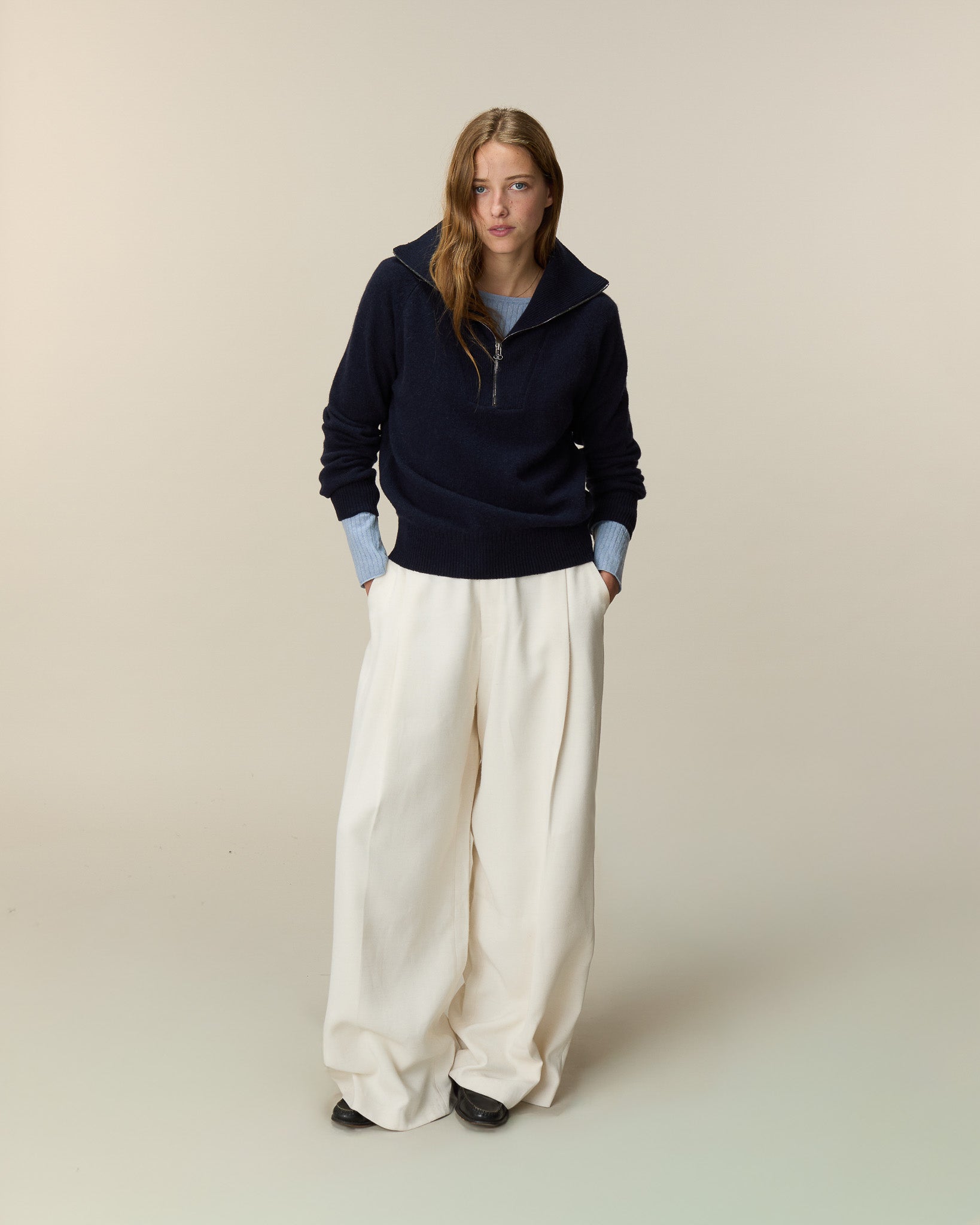 Pull col zippé en cachemire Marine foncé Femme