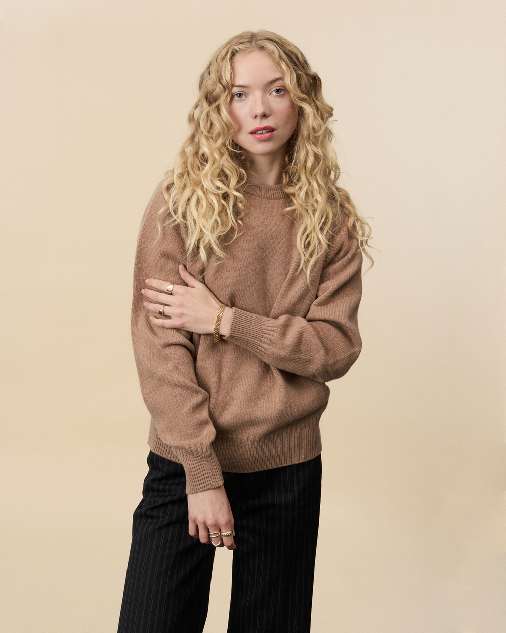 Pull col rond en cachemire Camel Femme