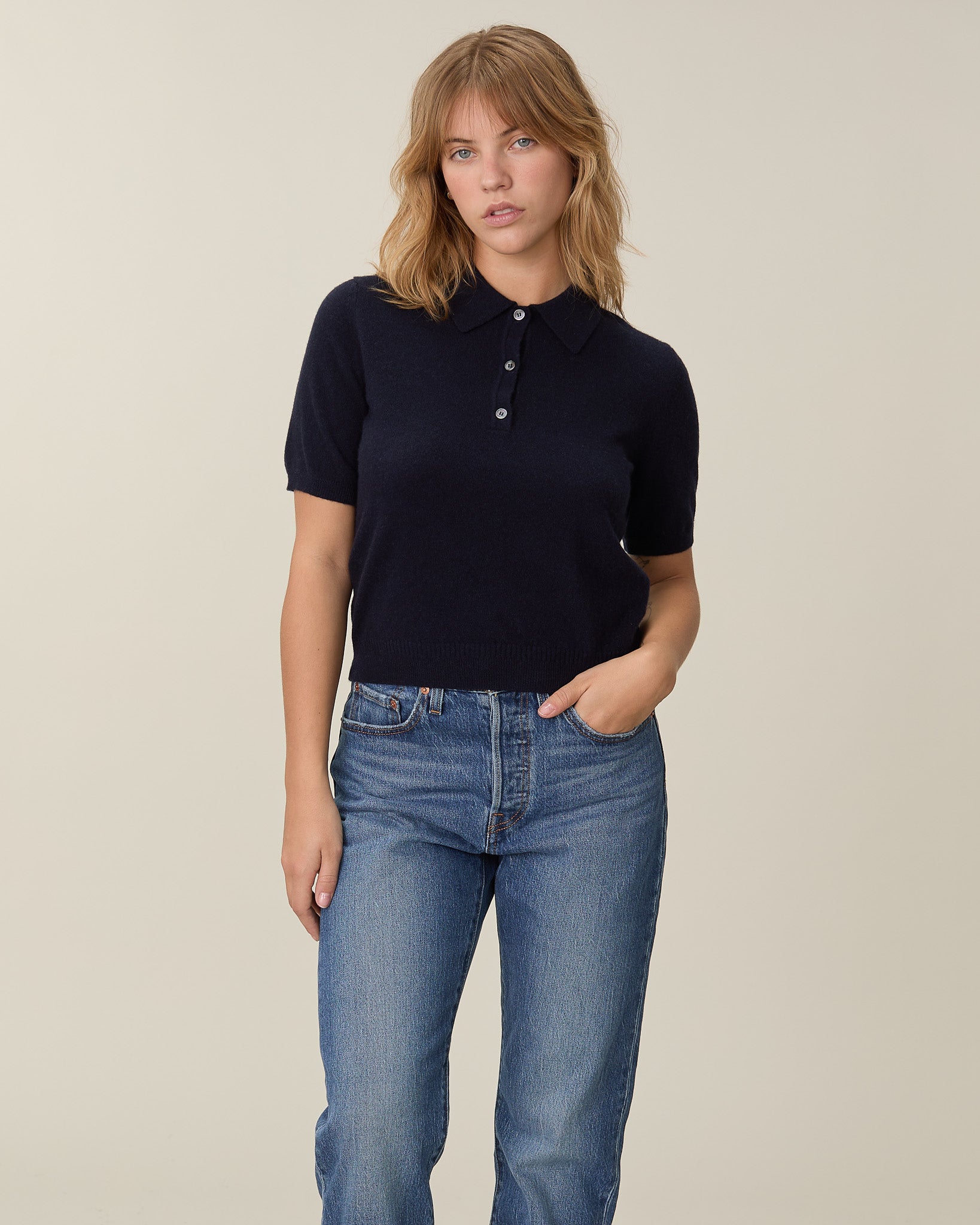 Women's Navy Lightweight Cashmere Polo Shirt