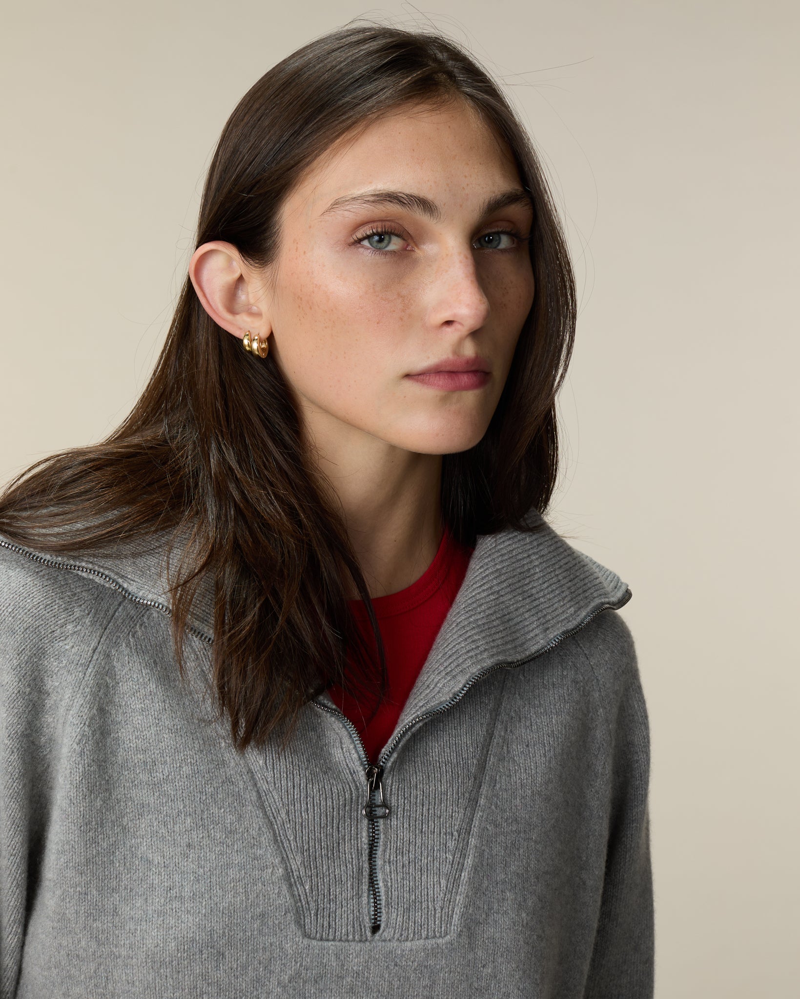 Pull col zippé en cachemire Gris Femme