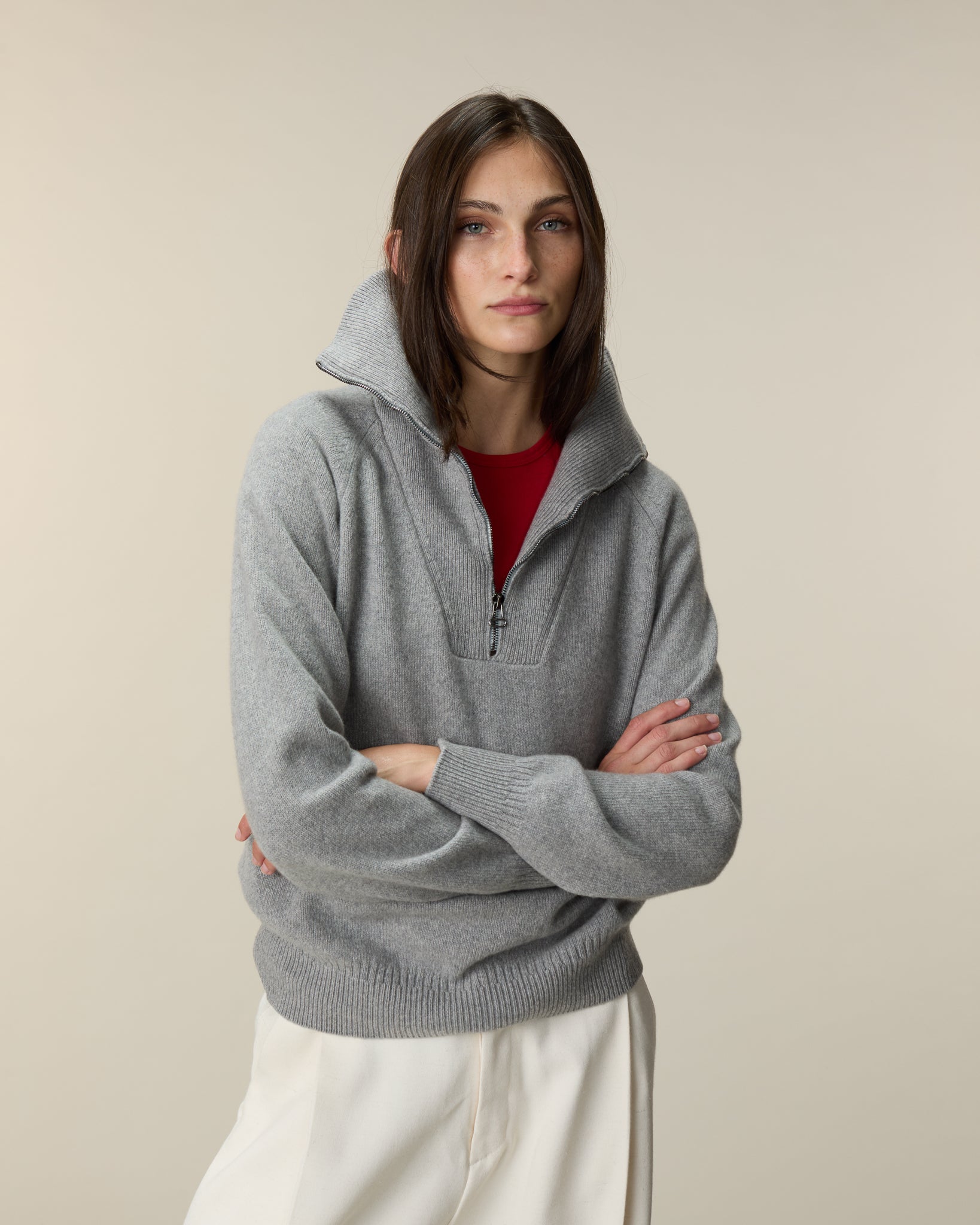 Pull col zippé en cachemire Gris Femme