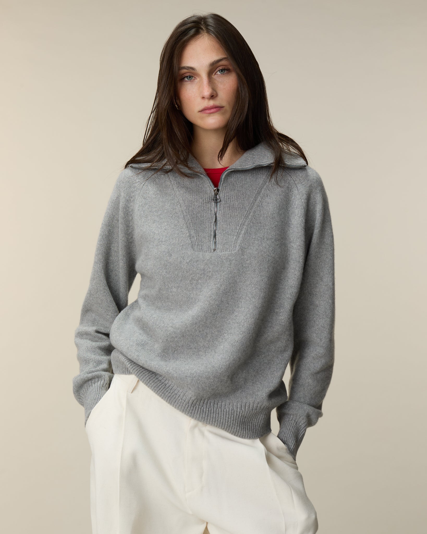 Pull col zippé en cachemire Gris Femme