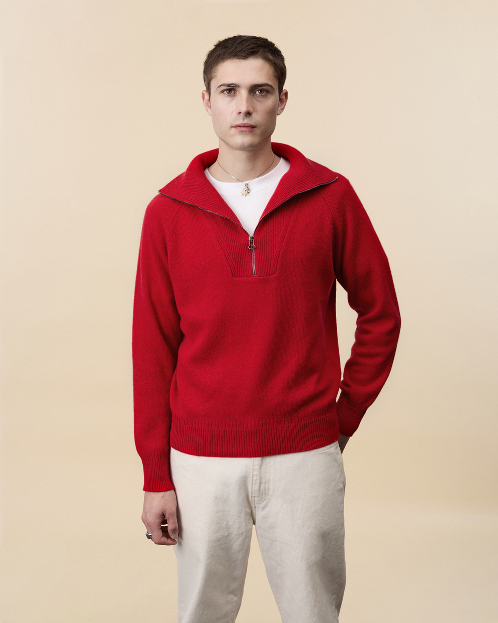 Pull col zippé en cachemire Rouge Homme