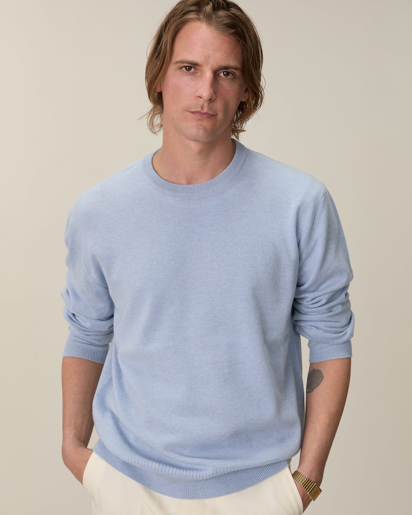 Pull col rond cachemire léger Bleu ciel homme - Tricot
