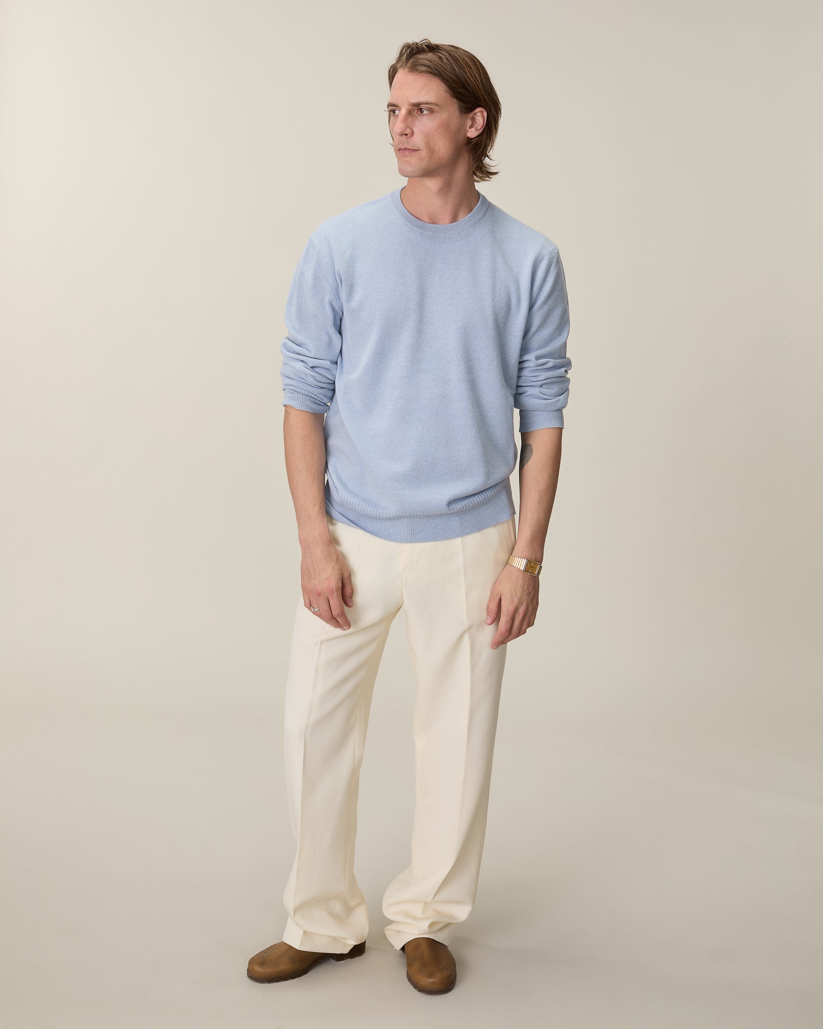 Pull col rond cachemire léger Bleu ciel homme - Tricot