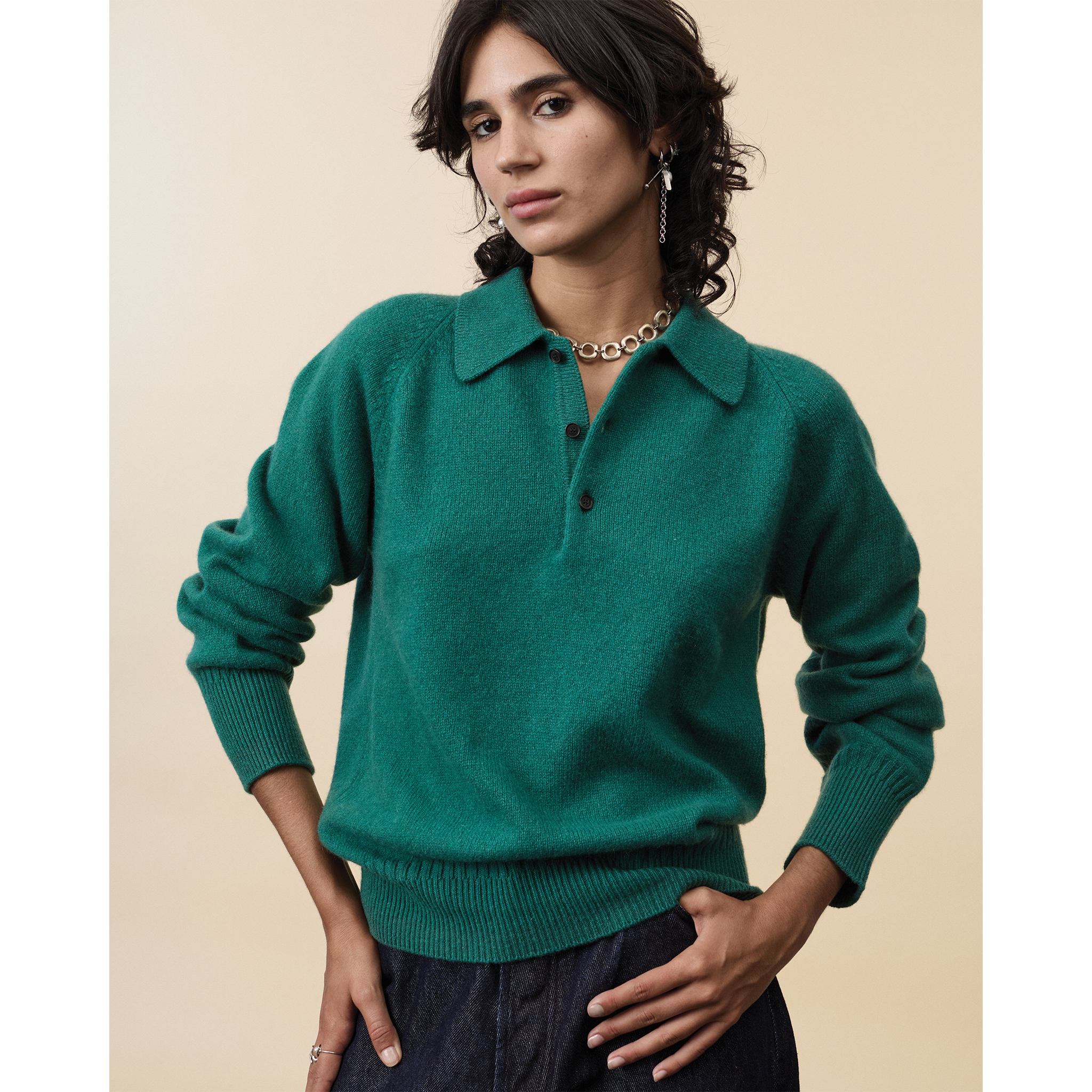 Polo en cachemire Vert bouteille Femme