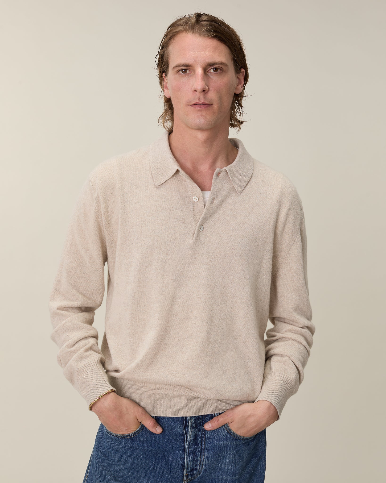 Men’s Lightweight Cashmere Polo — Sand