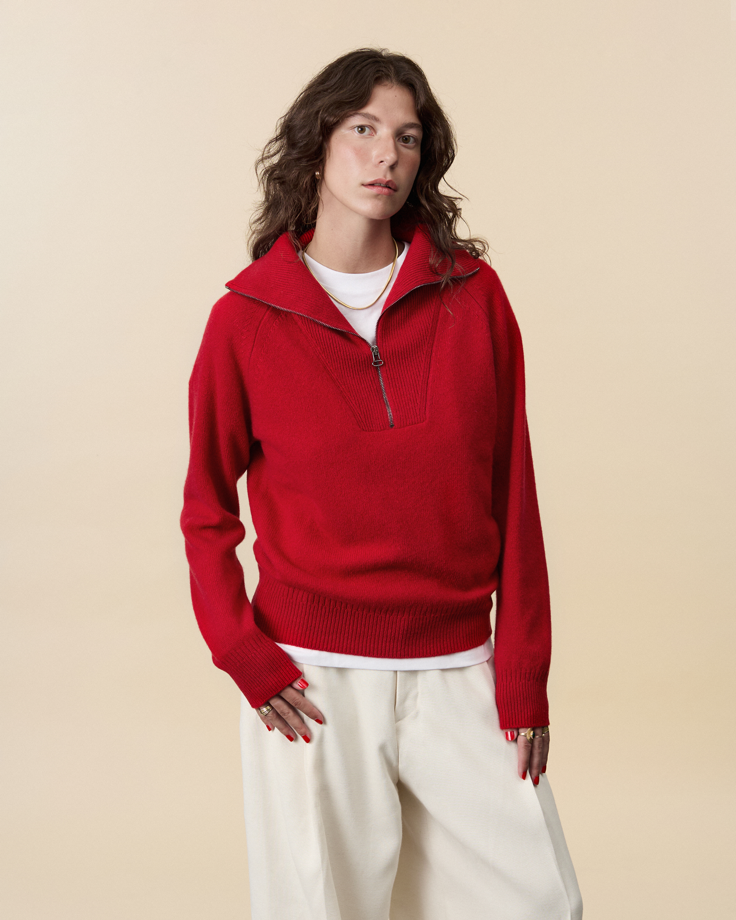 Women's Red Cashmere Zip Collar