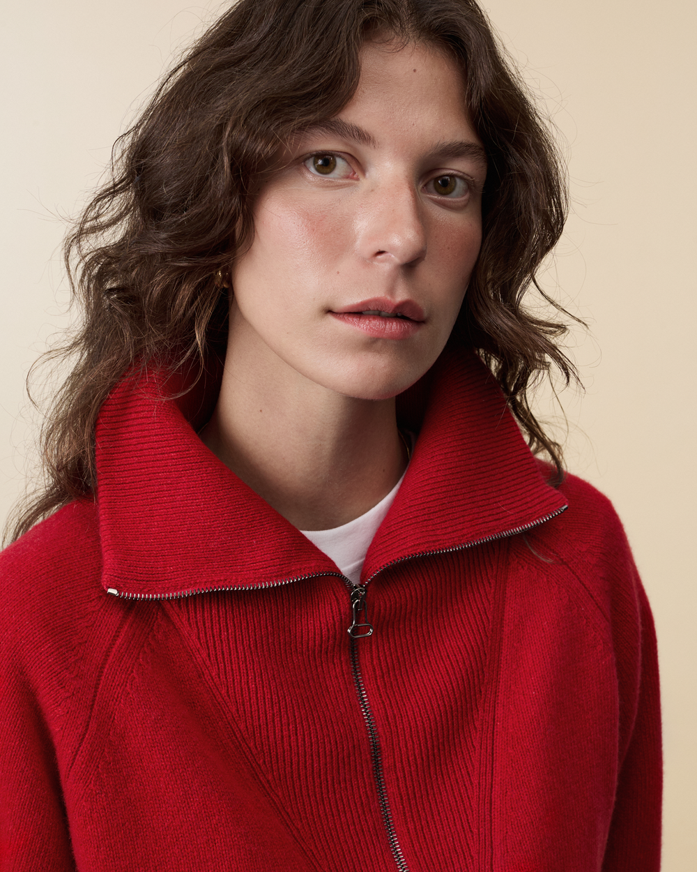 Pull col zippé en cachemire Rouge Femme