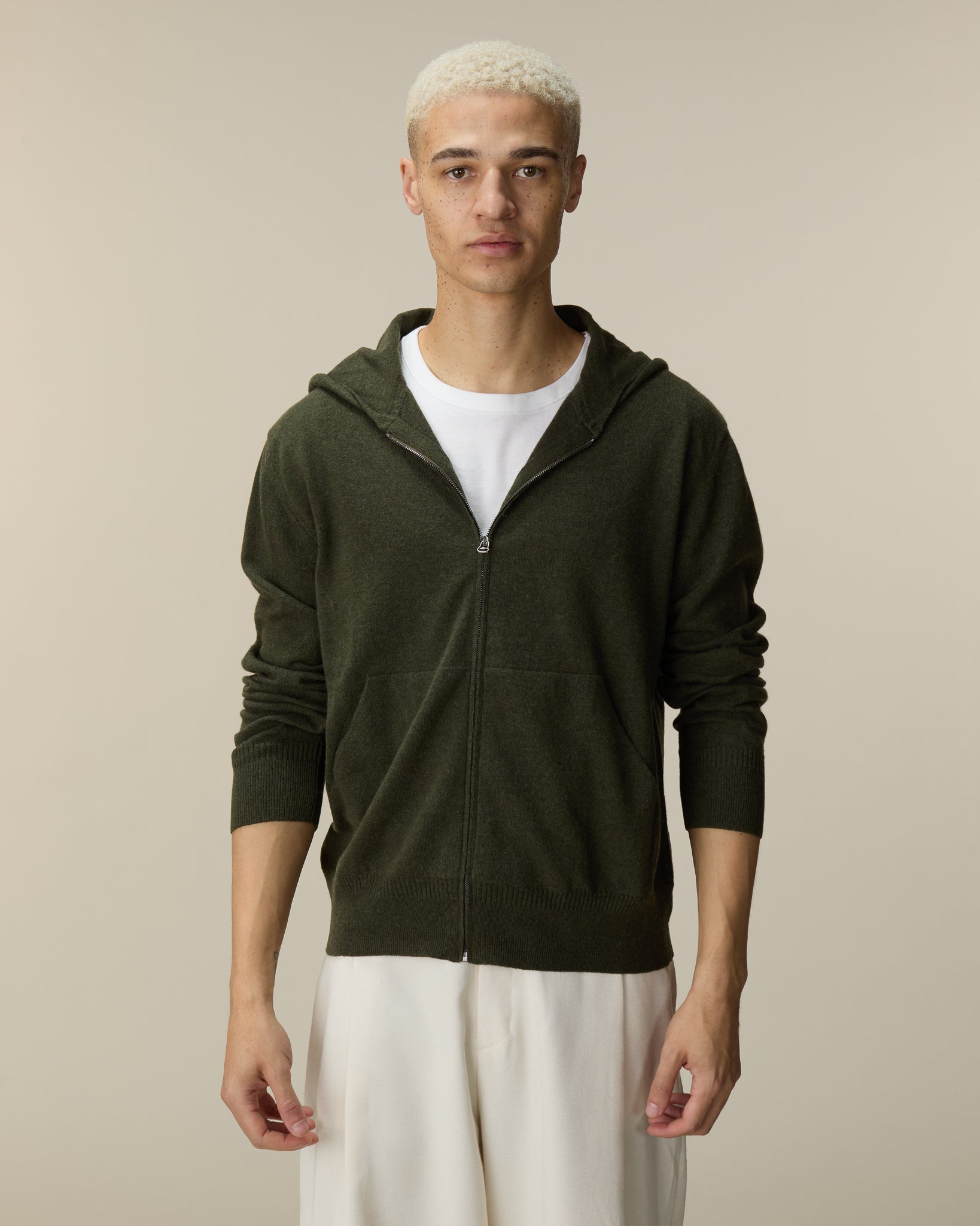 Khaki cashmere hoodie for men